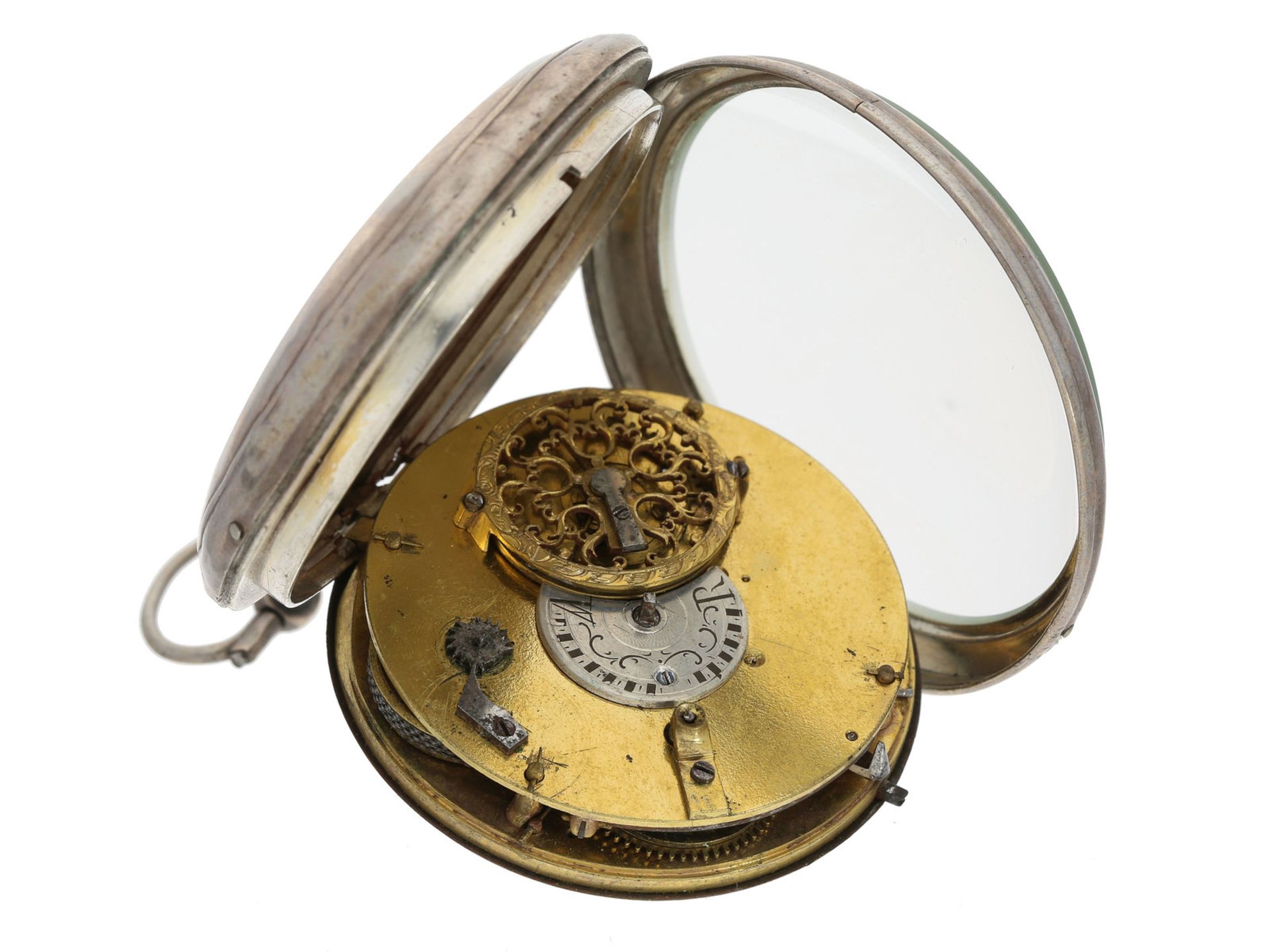 Taschenuhr: interessante Spindeluhr mit Zentralsekunde, Datum und Tag, ca. 1800 - Bild 2 aus 2