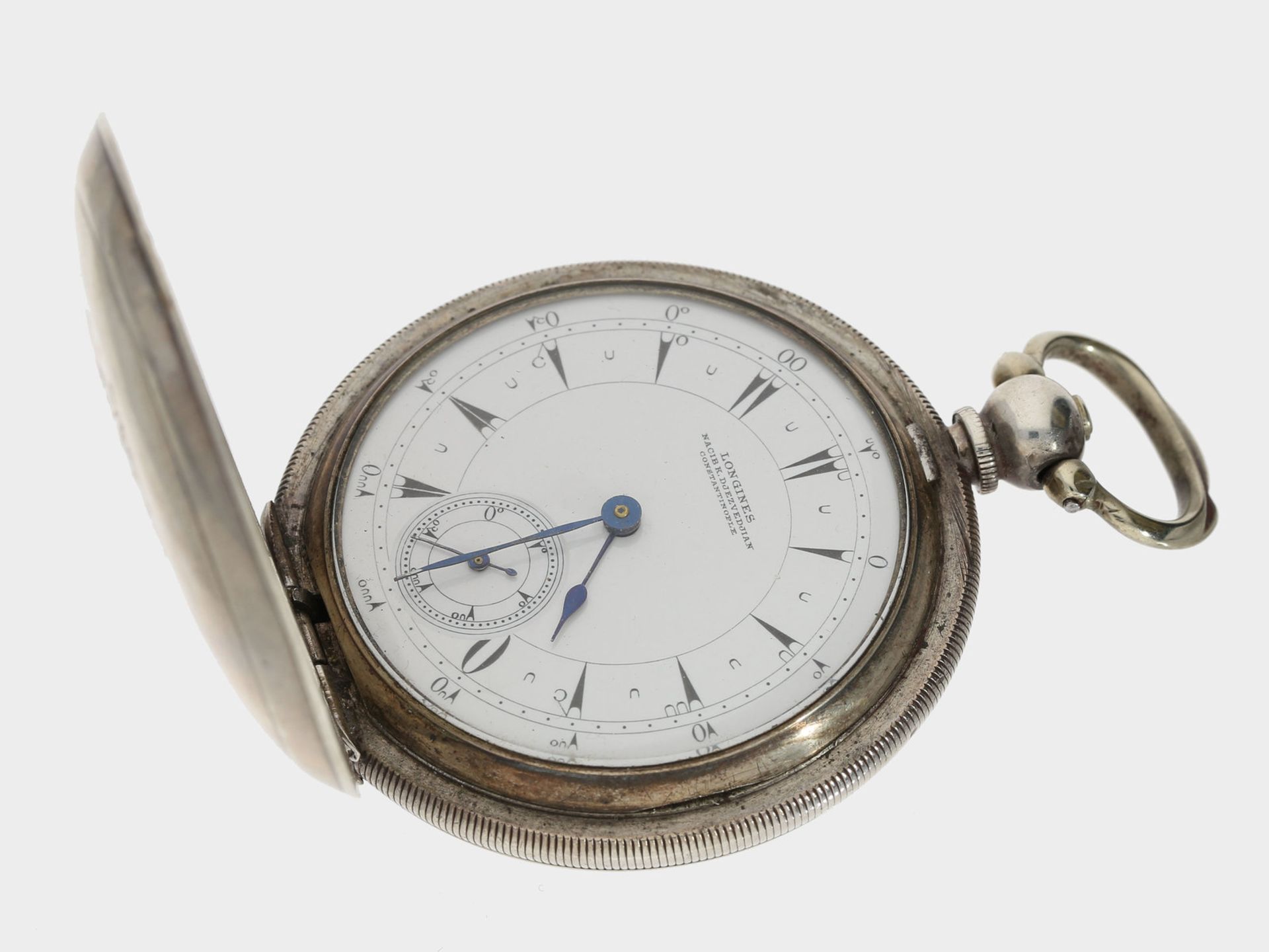 Taschenuhr: Longines Silbersavonnette, gefertigt für den osmanischen Markt, geliefert 1907