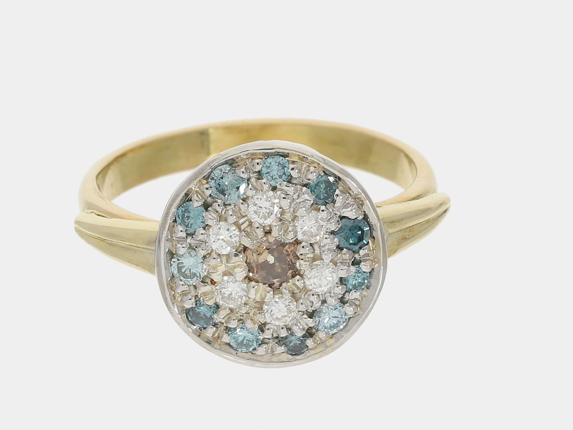 Ring: schöner Goldschmiedering mit farbigen und weißen Brillanten, ca. 0,7ct