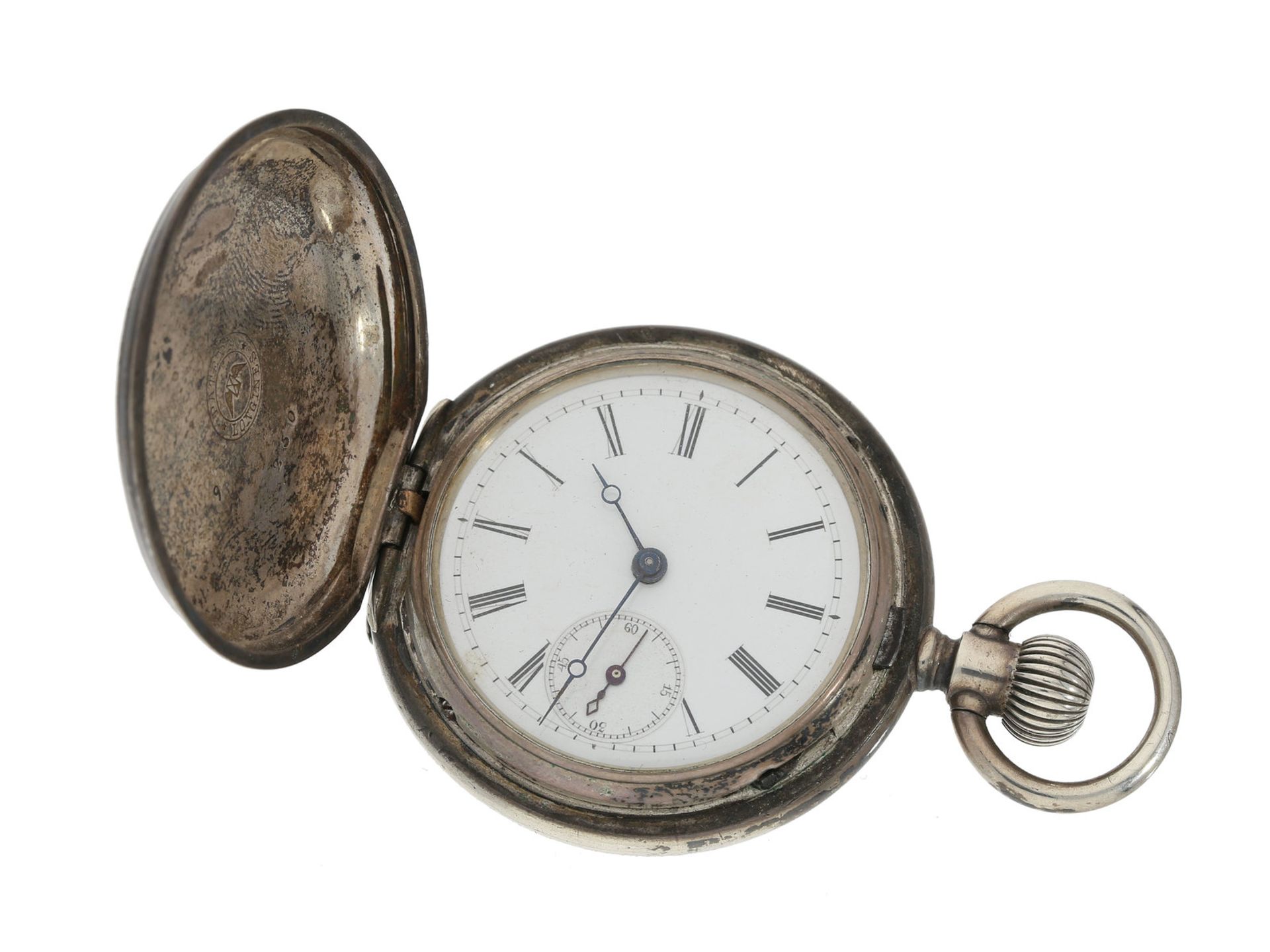 Taschenuhr: frühe Silbersavonnette, Longines Kaliber 15LS, ca. 1883