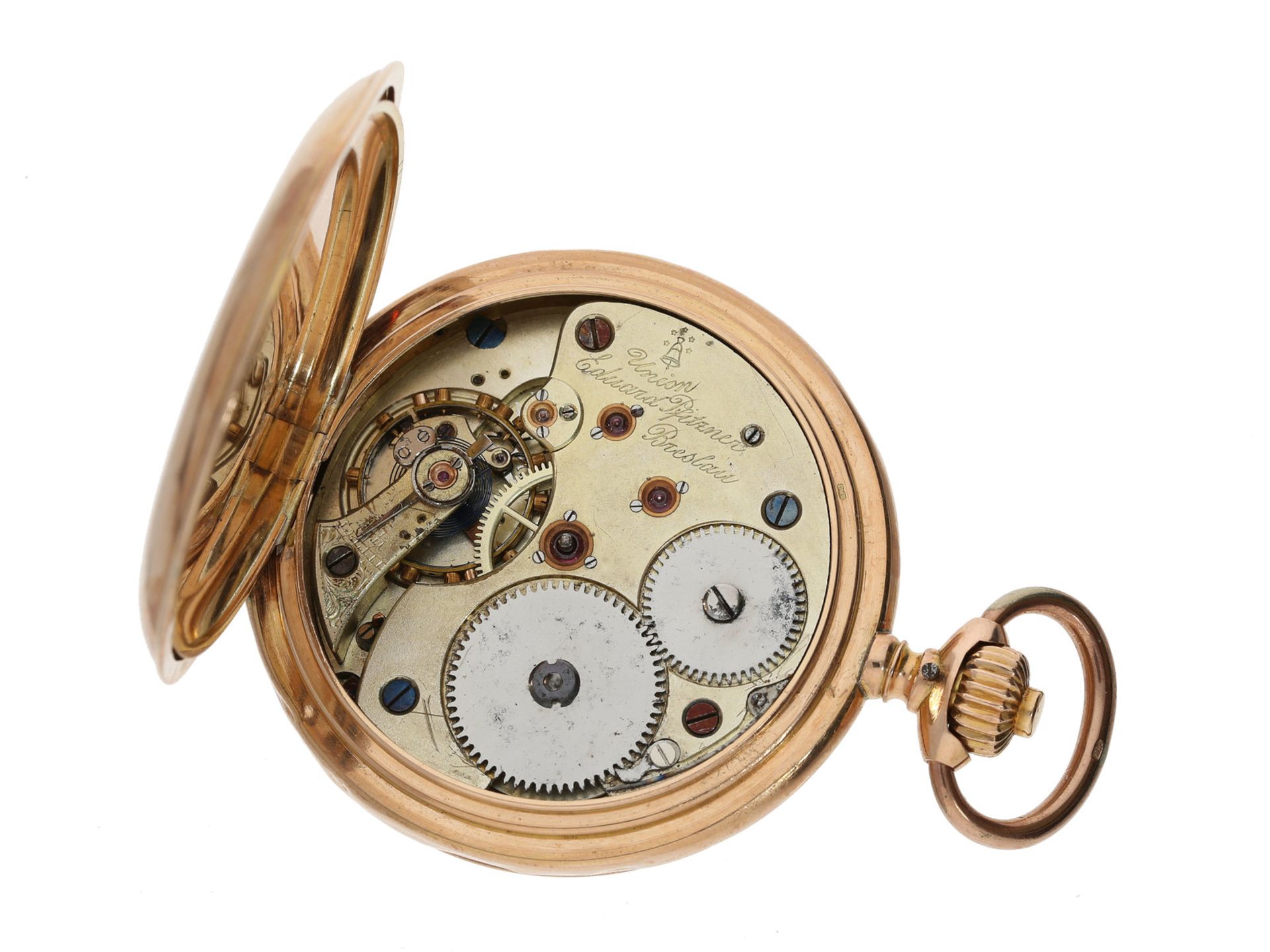 Taschenuhr: qualitätsvolle, große rotgoldene Savonnette, Ankerchronometer mit seltener Glashütter/ - Bild 4 aus 5