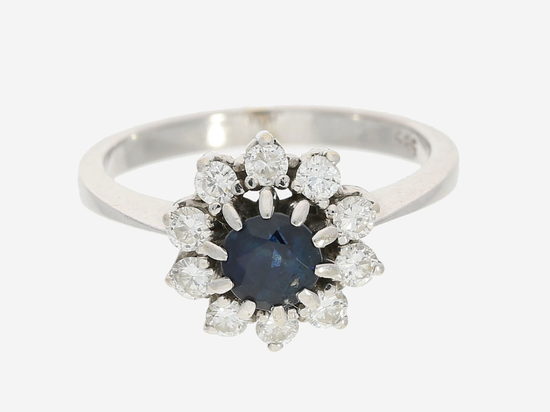 Ring: dekorativer vintage Blütenring mit Saphir und Brillanten, insgesamt ca. 1ct, 14K Gold