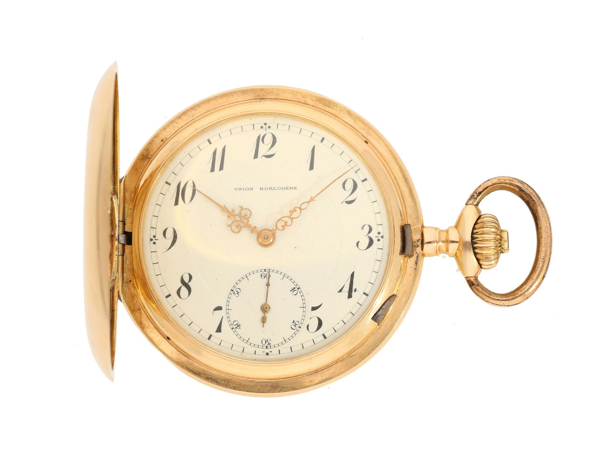 Taschenuhr: Goldsavonnette Union Horlogère, 14K Gold, um 1900 Ca. Ø50mm, ca. 81g, 14K Rotgold,