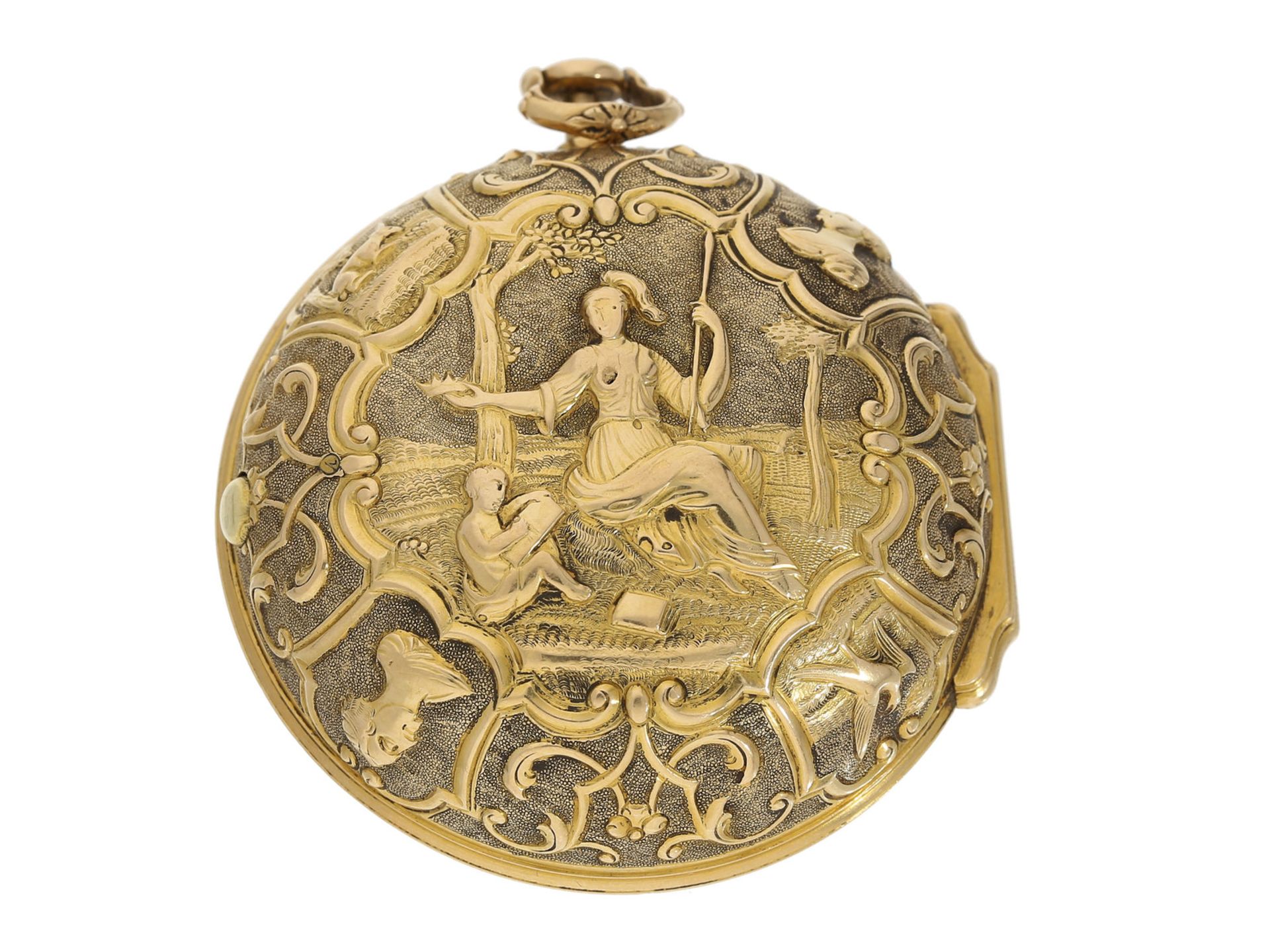 Taschenuhr: große goldene Doppelgehäuse-Repoussé-Spindeluhr, Avril London, ca. 1750 Ca. Ø47mm, ca. - Bild 2 aus 4