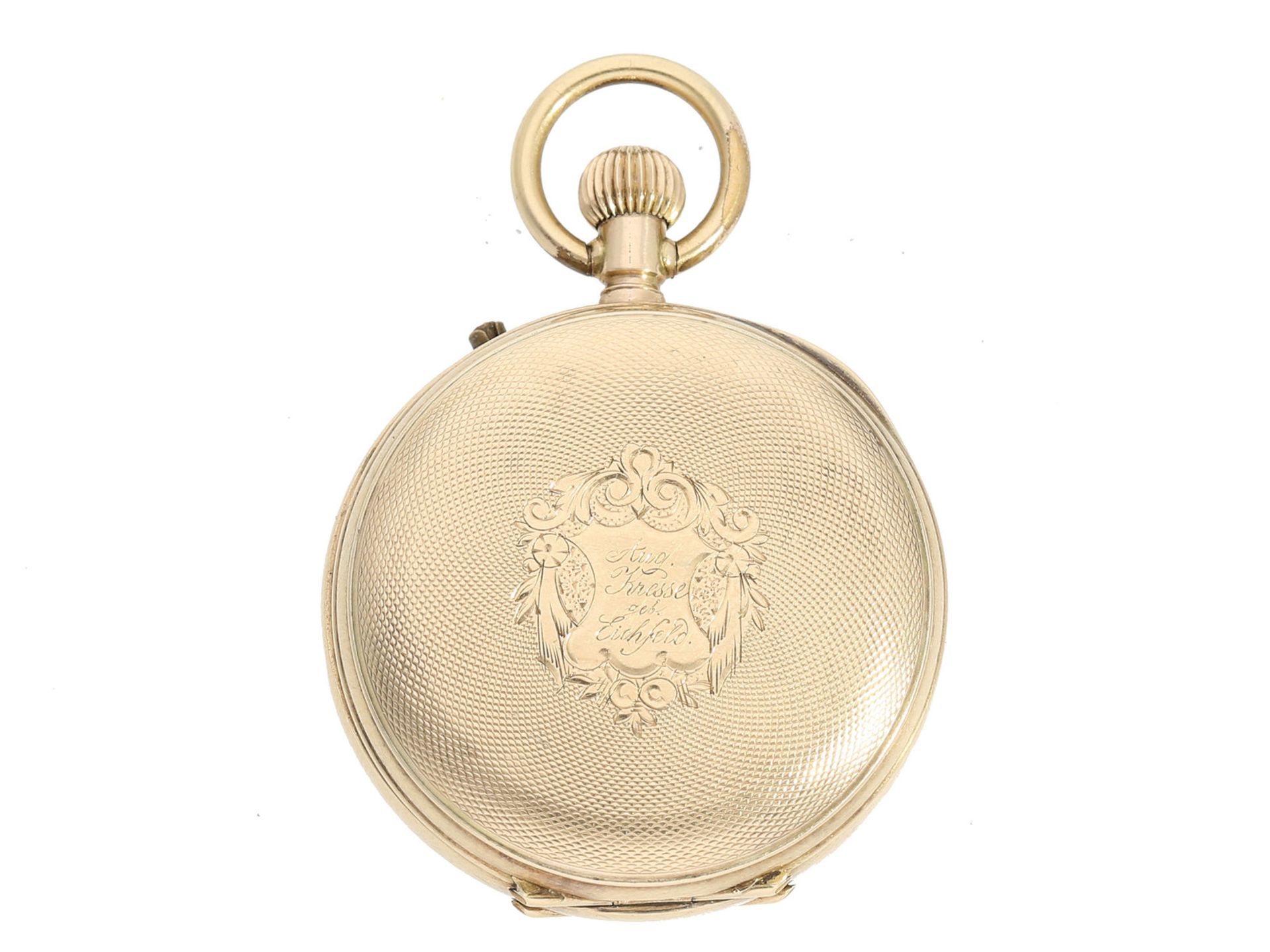 Taschenuhr: Damen-Taschenuhr, 14K Gold, ca. 1900 Ca. Ø32mm, ca. 29g, 14K Gold, Staubdeckel Metall, - Bild 2 aus 2
