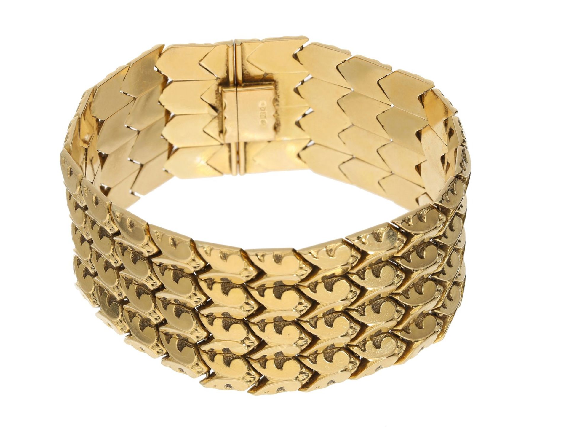 Armband: sehr breites vintage Goldarmband mit dekorativem Muster, 18K Gold Ca. 19cm lang, ca. 3cm