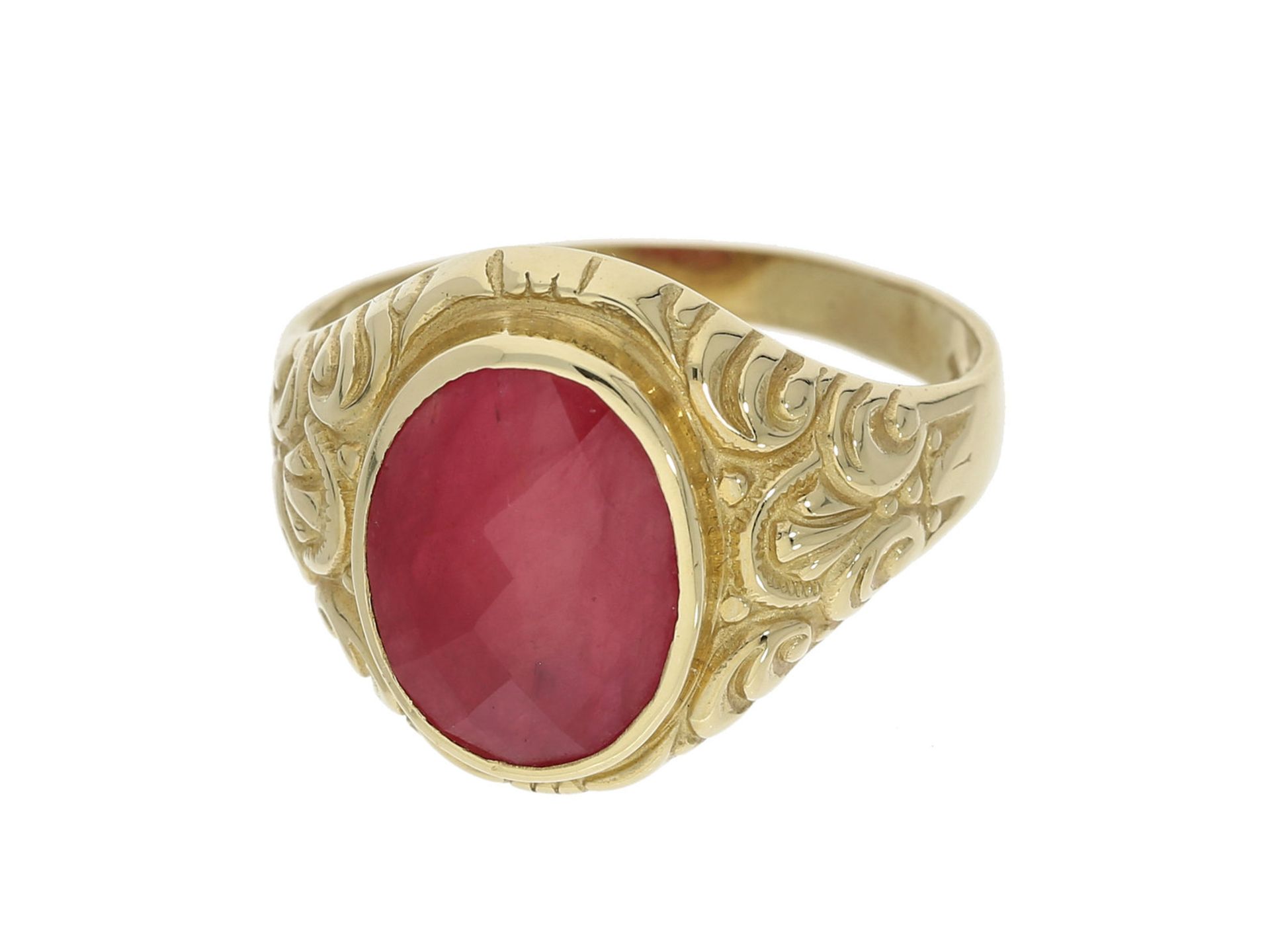 Ring: attraktiver vintage Rubin-Goldschmiede-Herrenring, ca. 5,5ct Ca. Ø20mm, RG63, ca. 6,8g, 14K