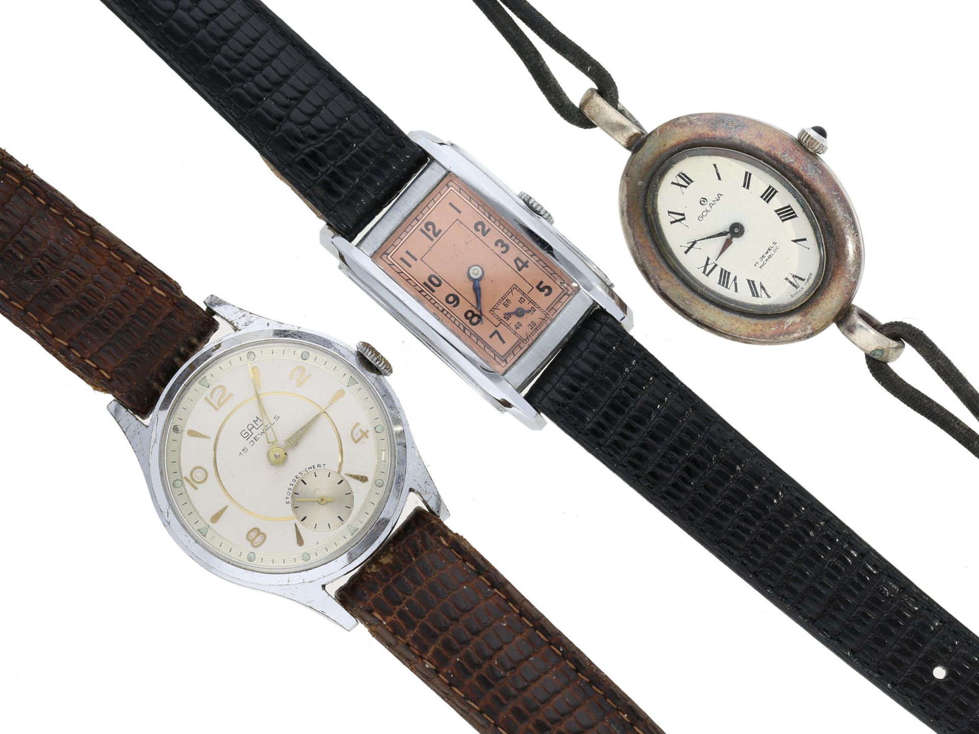 Armbanduhr: Konvolut von 3 vintage Herrenuhren/Damenuhren 1. rechteckig, Stahl, Handaufzug, ca.