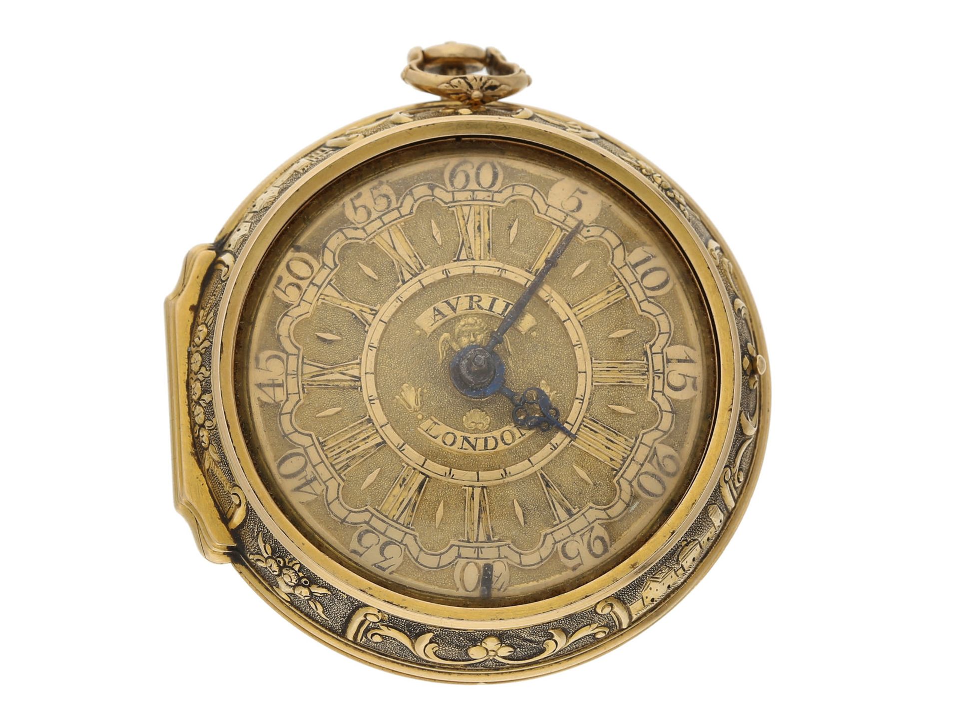 Taschenuhr: große goldene Doppelgehäuse-Repoussé-Spindeluhr, Avril London, ca. 1750 Ca. Ø47mm, ca.