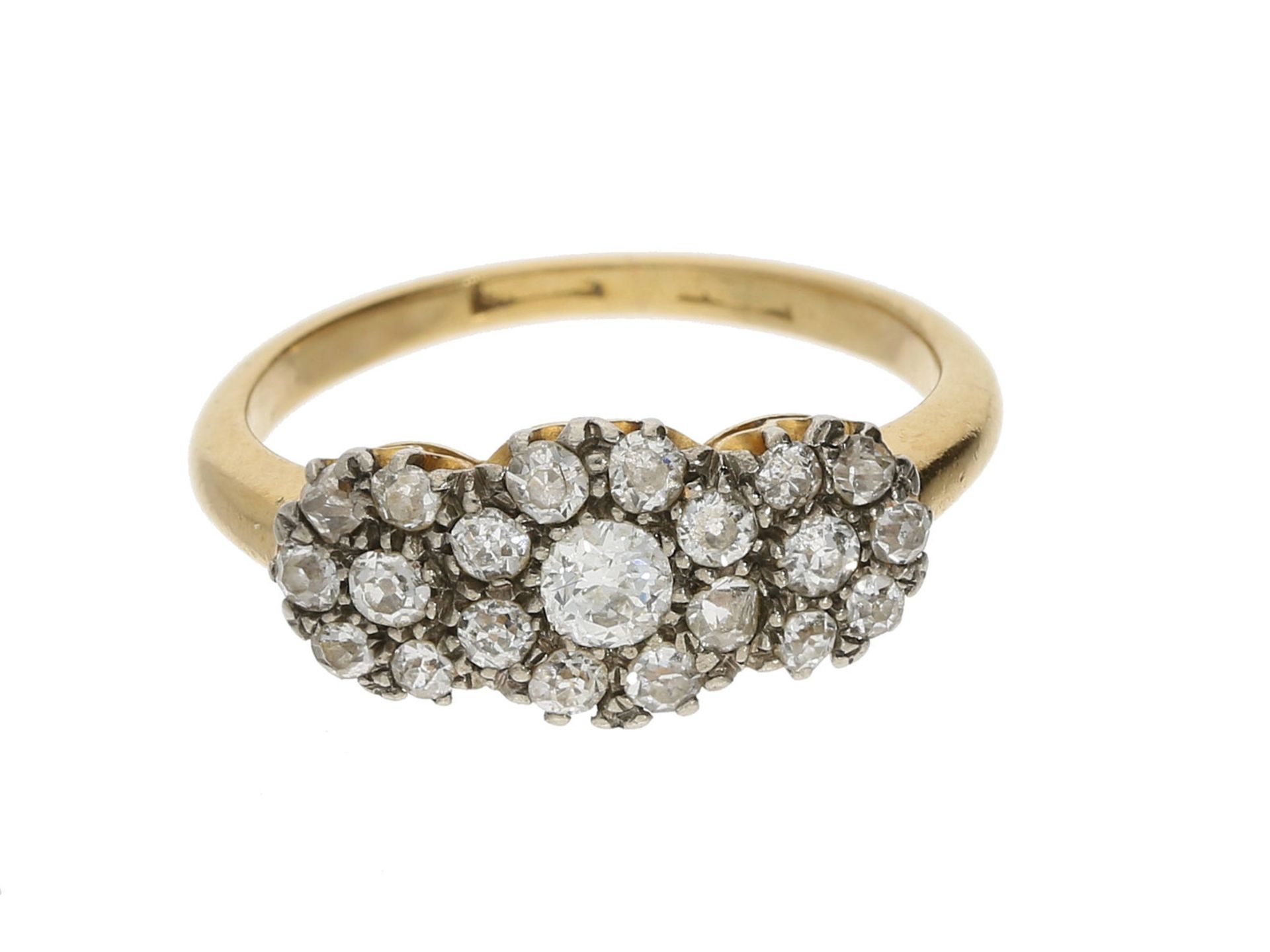 Ring: antiker Diamant-Blütenring, ca. 0,7ct Ca. Ø16mm, RG50, ca. 2,9g, 18K Gelbgold, Ringkopf ca.