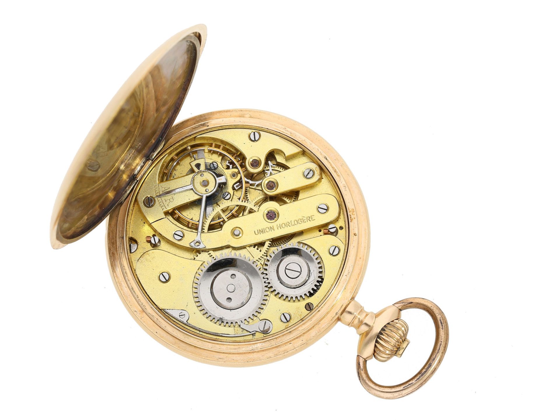 Taschenuhr: Goldsavonnette Union Horlogère, 14K Gold, um 1900 Ca. Ø50mm, ca. 81g, 14K Rotgold, - Bild 3 aus 3