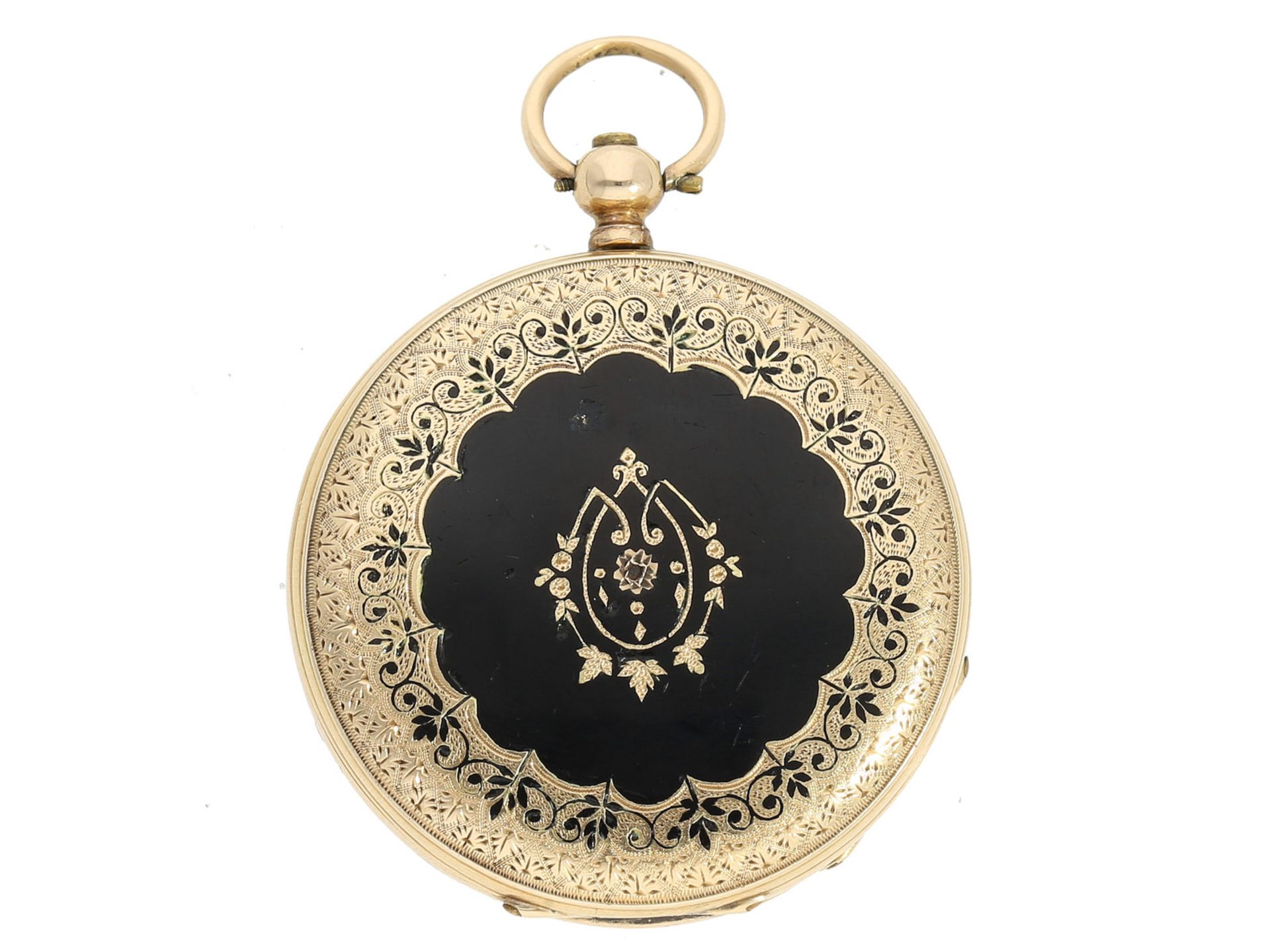 Taschenuhr: emaillierte Damen-Taschenuhr, 14K Gold, ca. 1860 Ca. Ø33mm, ca. 26g, 14K Gold, - Bild 2 aus 2
