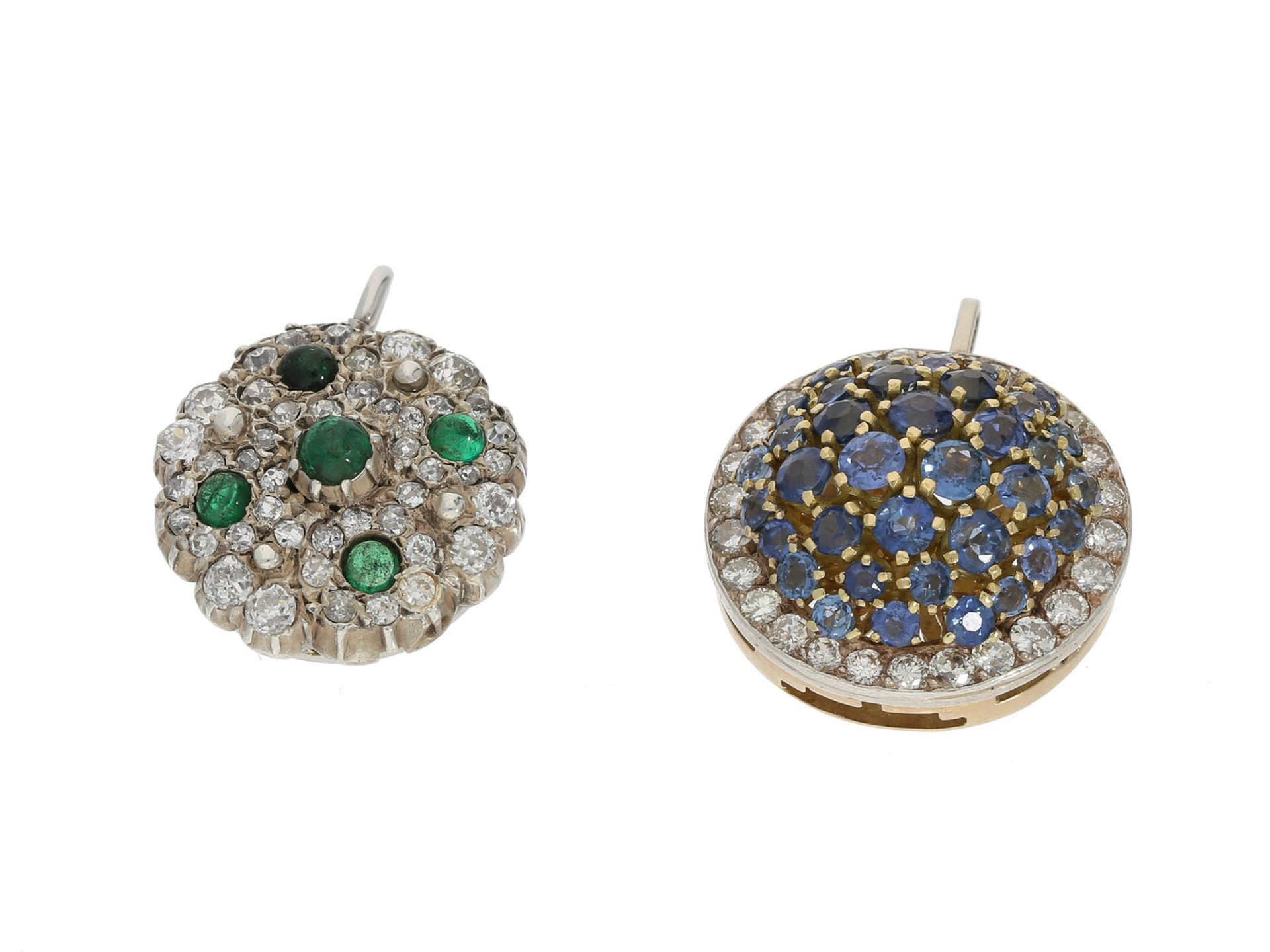 Anhänger: 1 antiker Smaragd/Diamantanhänger und 1 vintage Saphir/Brillantanhänger 1. ca. 24,5 x 18,