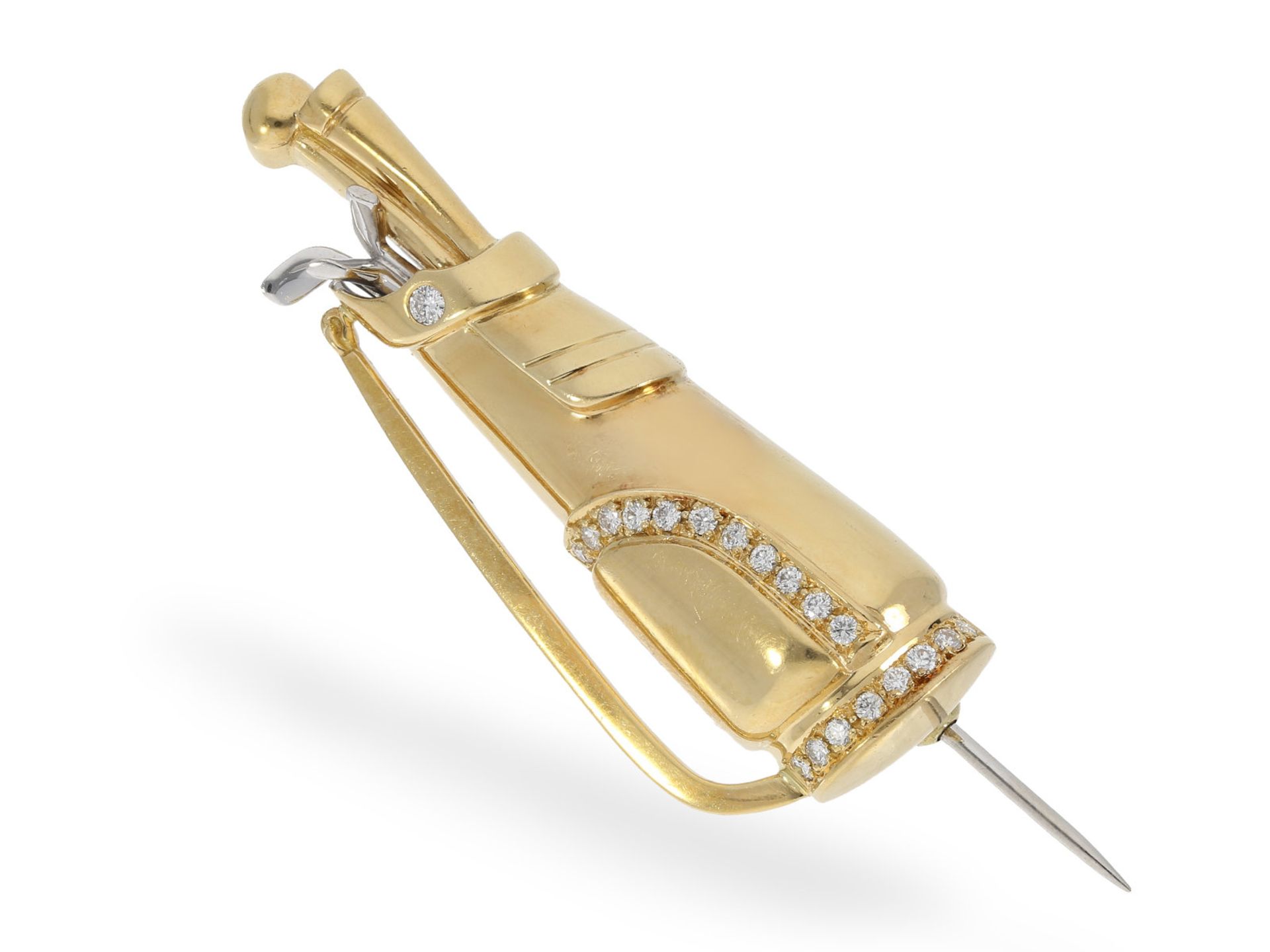 Brosche/Nadel: goldene Krawattennadel mit Brillanten, Motiv Golftasche, ca. 0,3ct, 18K Gold Ca.
