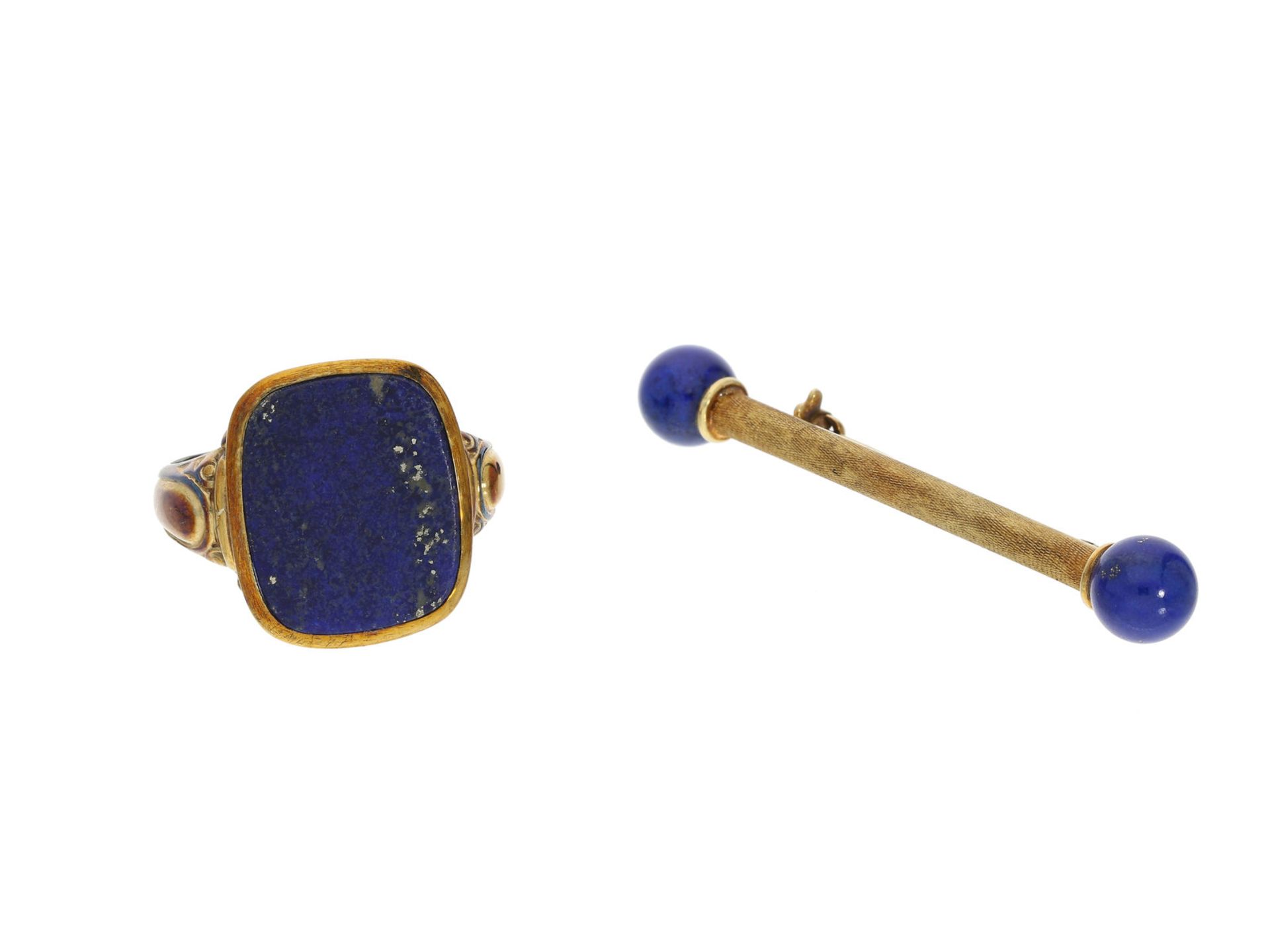 Ring/Brosche: interessanter vintage Lapislazuli-Schmuck, 14K und 8K Gold 1. Ring ca. Ø18,5mm, RG59,