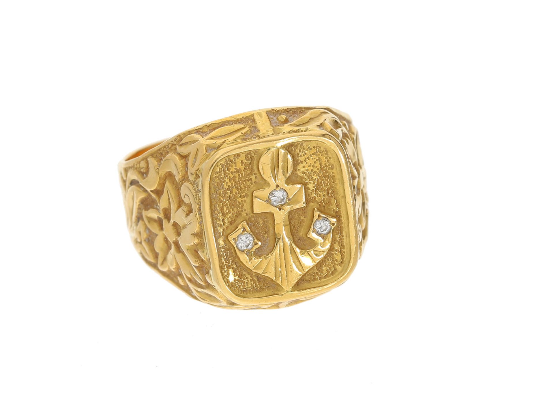 Ring: seltener und außergewöhnlicher antiker Goldschmiede-Herrenring mit Brillanten, "Anker", 22K
