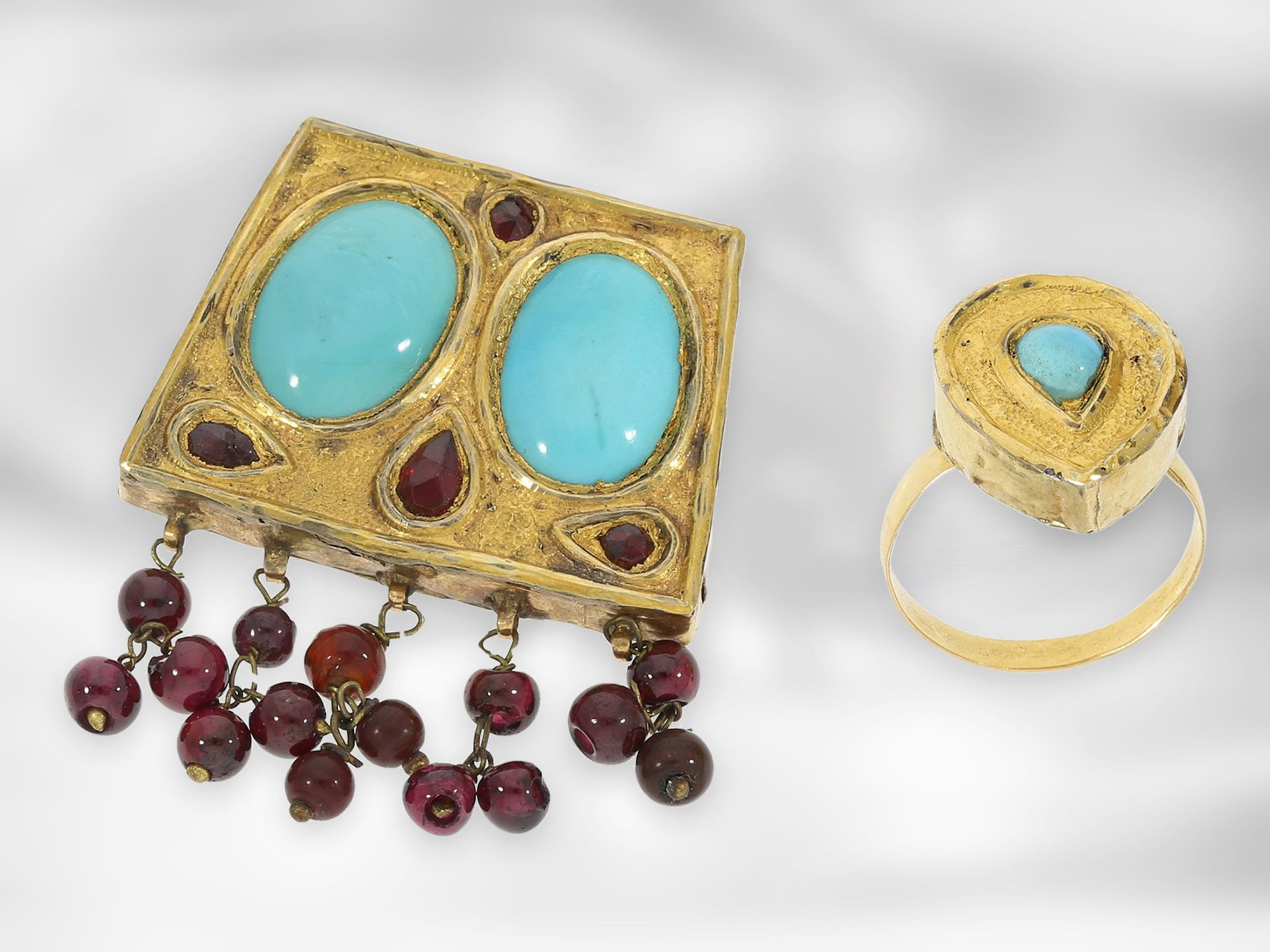 Ohrschmuck/Collier/Ring: antikes indisches Schmuckset bestehend aus Ohrhängern, Ring und Collier, - Bild 3 aus 4