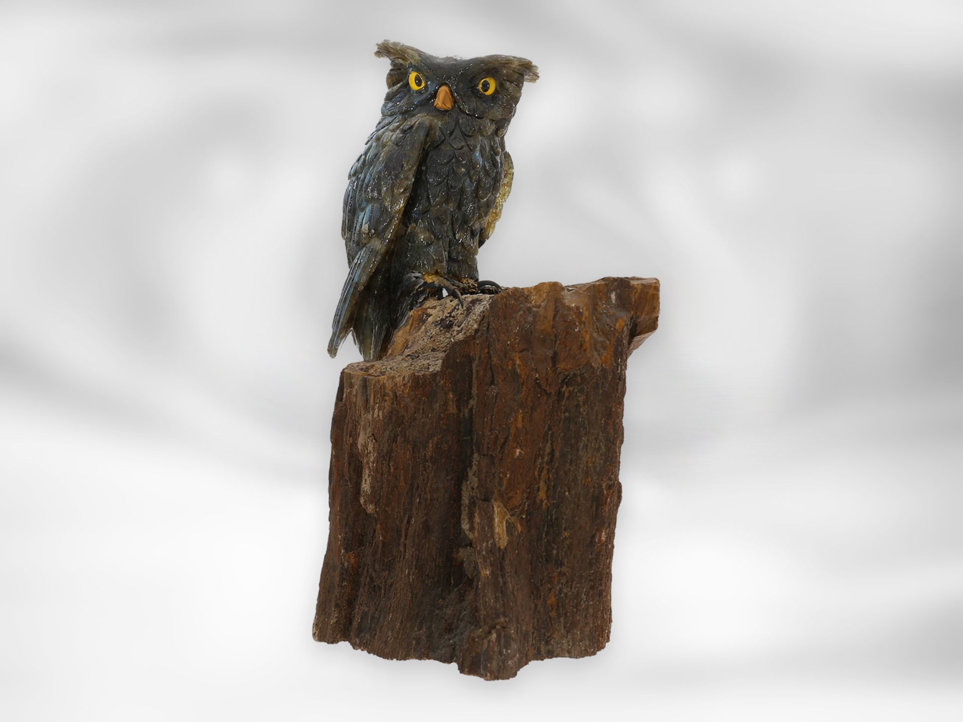 Figur/Steinschnitzerei: Skulptur einer Eule aus Labradorit auf versteinertem Holz, aus dem - Bild 2 aus 4