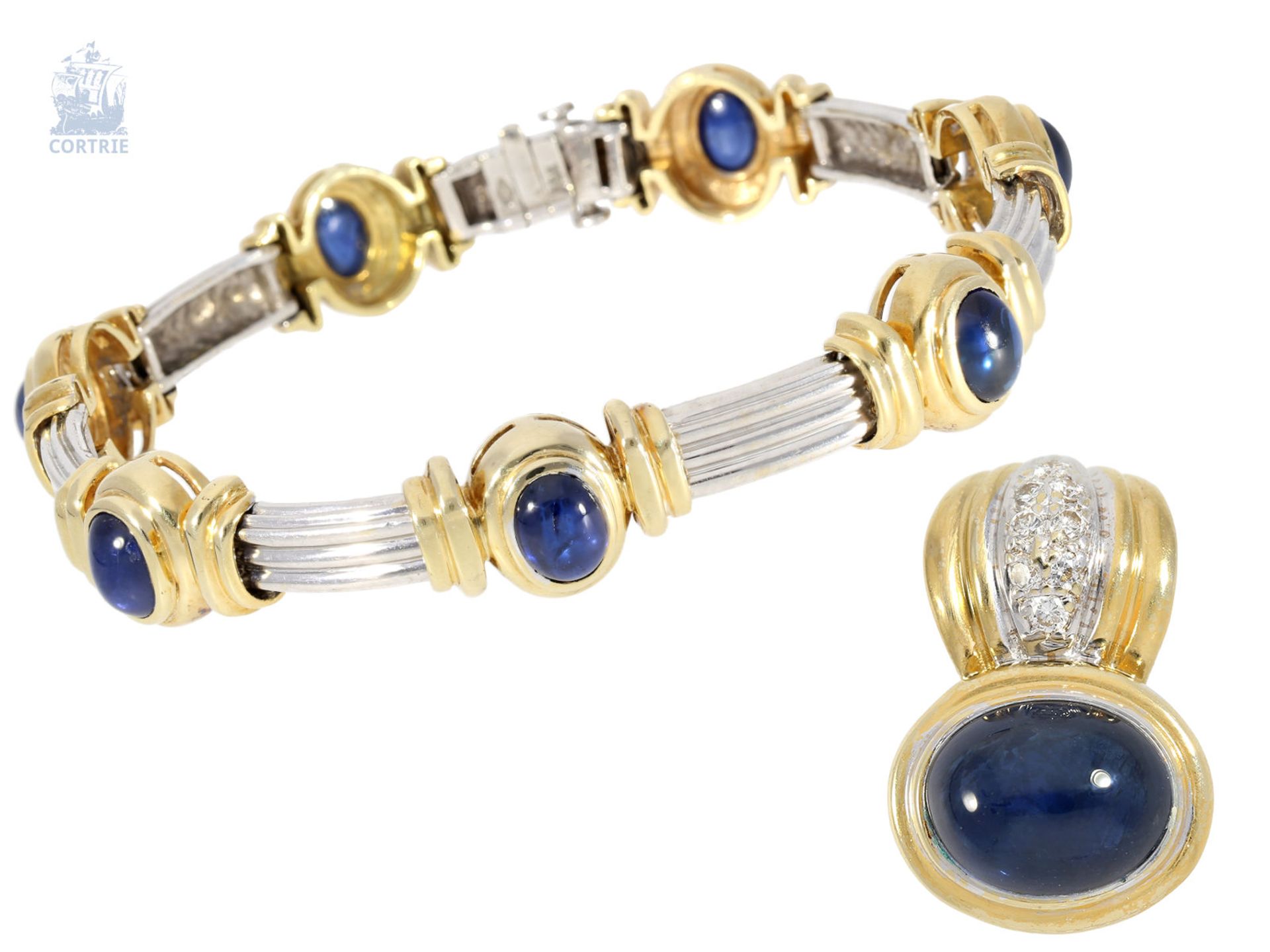 Armband/Anhänger: dekoratives, teures modernes Goldschmiedearmband mit feinem Saphirbesatz sowie