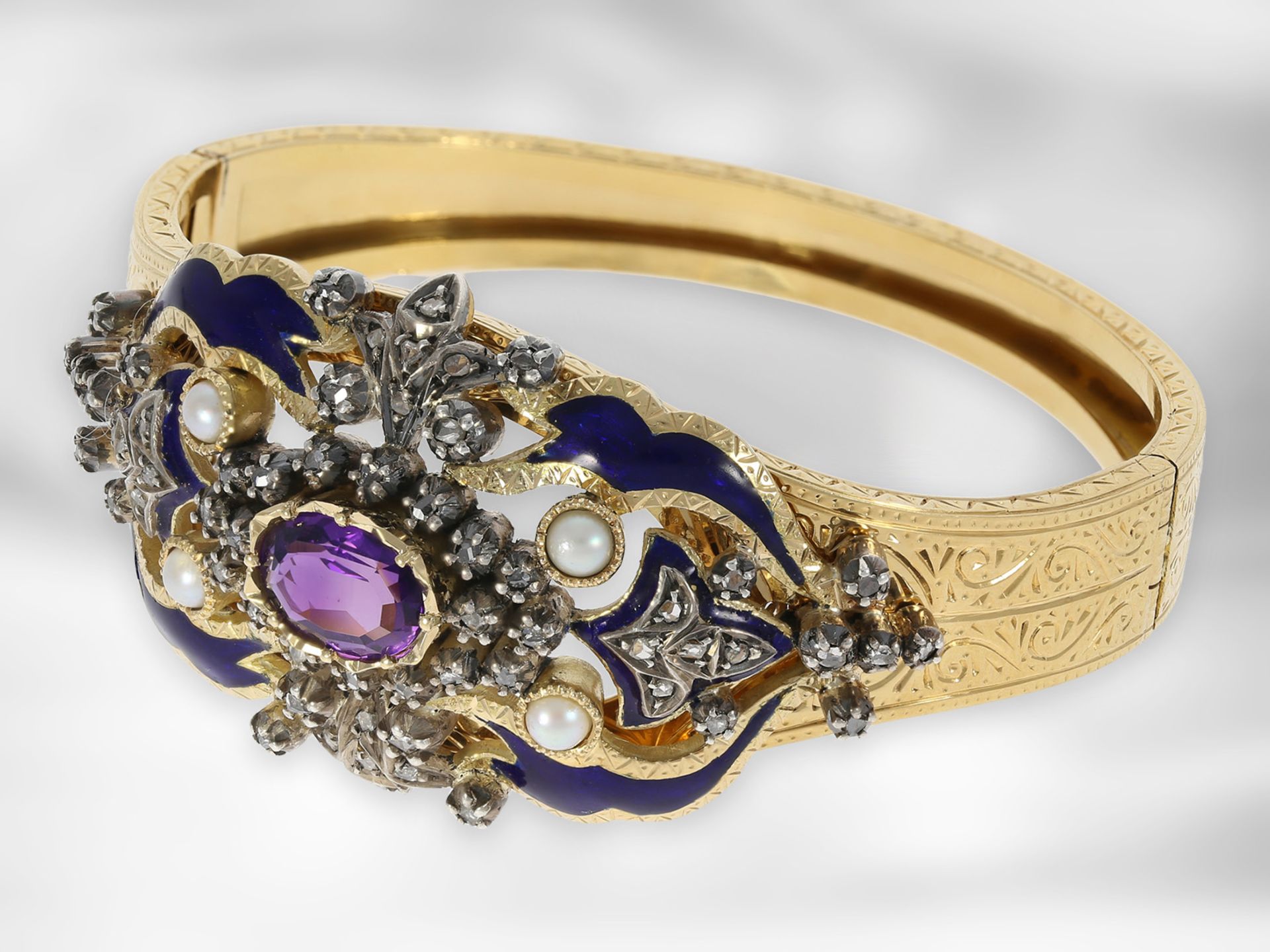 Collier/Armreif/Ohrringe: einzigartiges antikes Schmuckset, Gold/Emaille, Amethyste, Diamanten und - Bild 4 aus 8