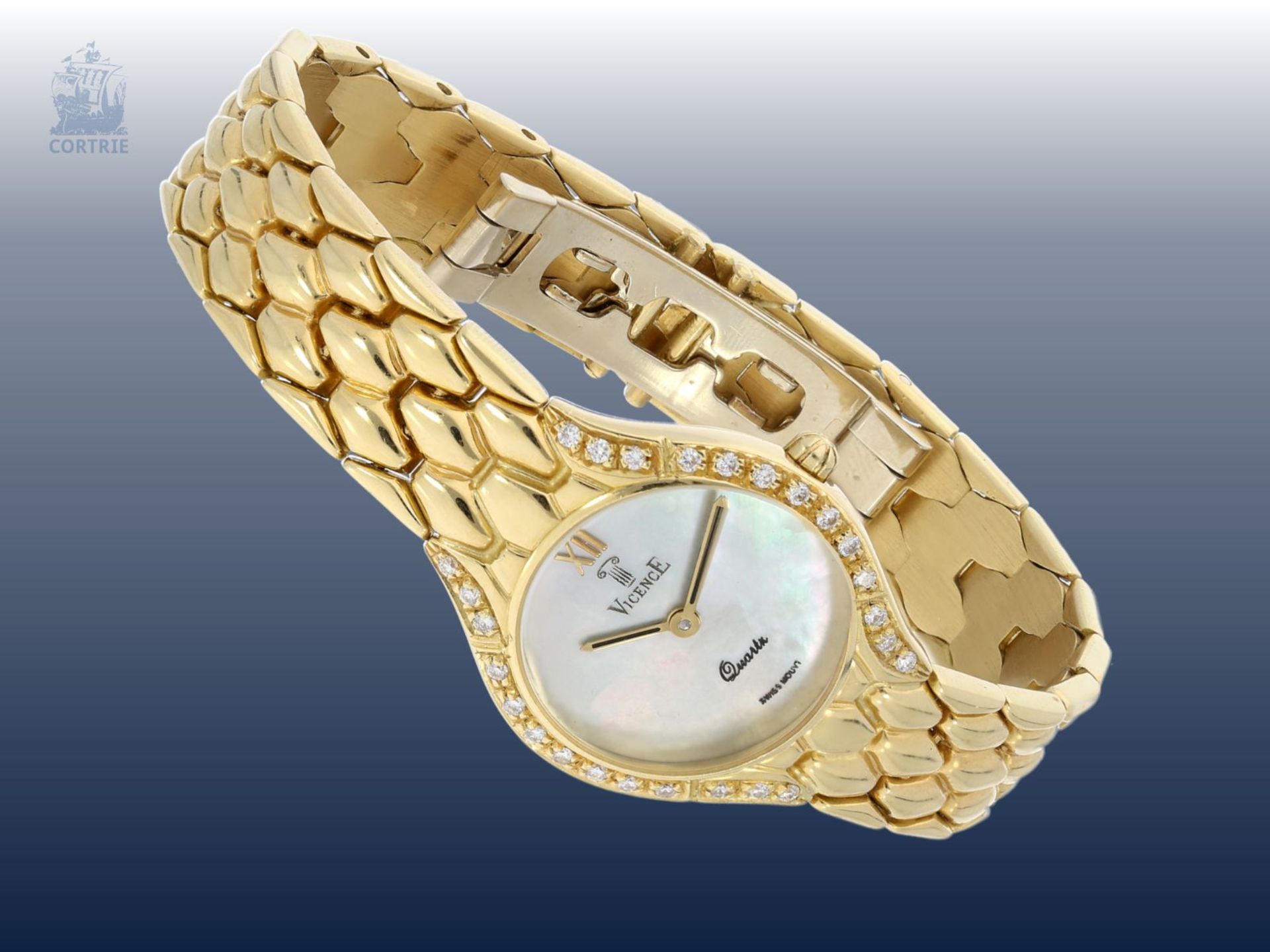 Armbanduhr: edle, goldene Damenuhr der Marke Vicence mit Brillantbesatz, 18K Gelbgold Ca. 51,8g, - Image 2 of 2