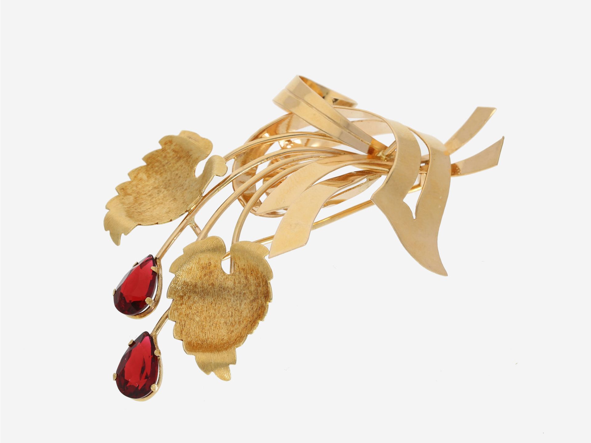 Brosche/Nadel: große vintage Blumenenbrosche mit roten Farbsteinen, 18K Gold, 1950/60er-Jahre</b