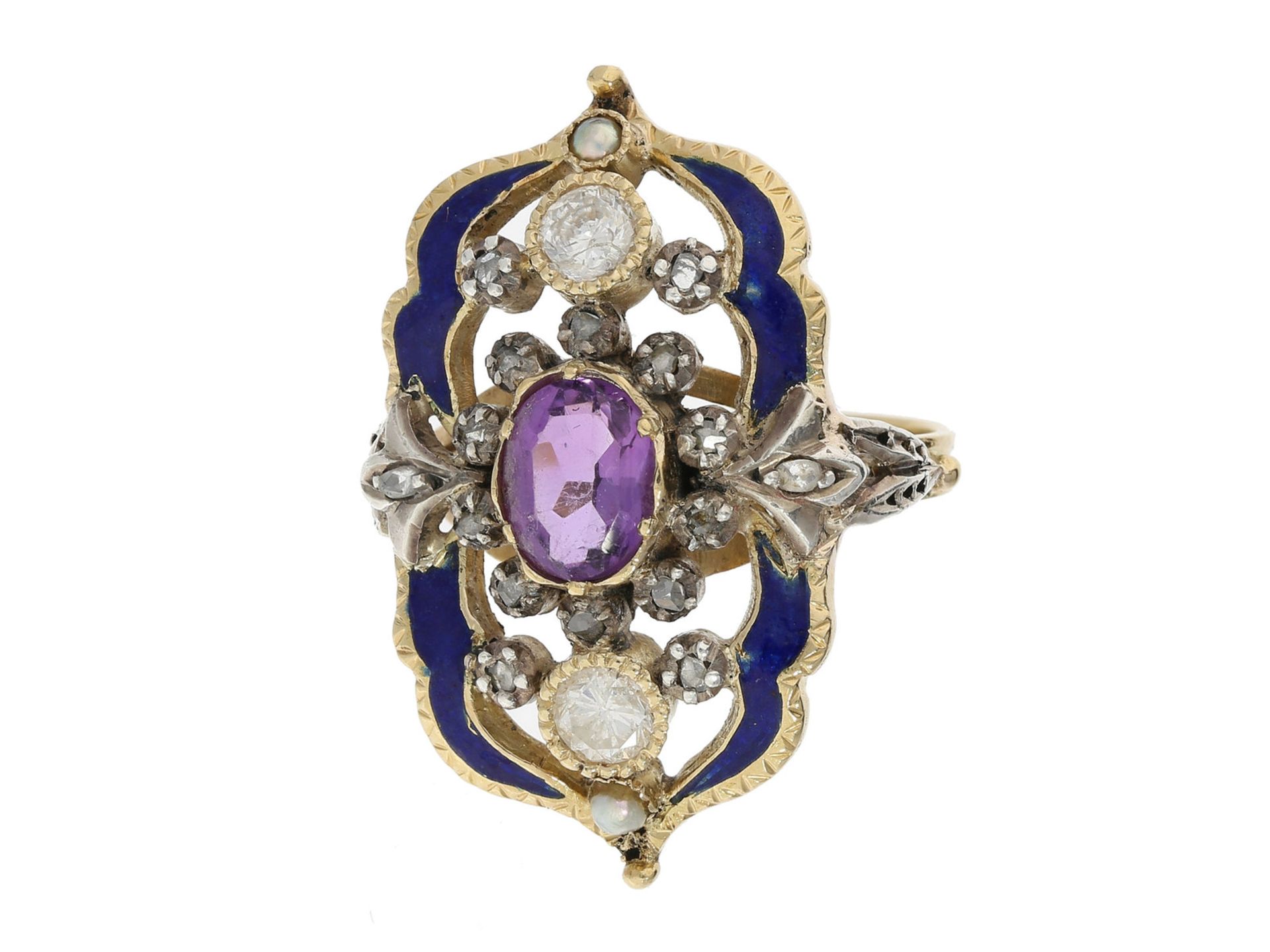 Ring: sehr dekorativer antiker Ring, emailliert und besetzt mit Diamanten und Amethyst, 14K Gold<