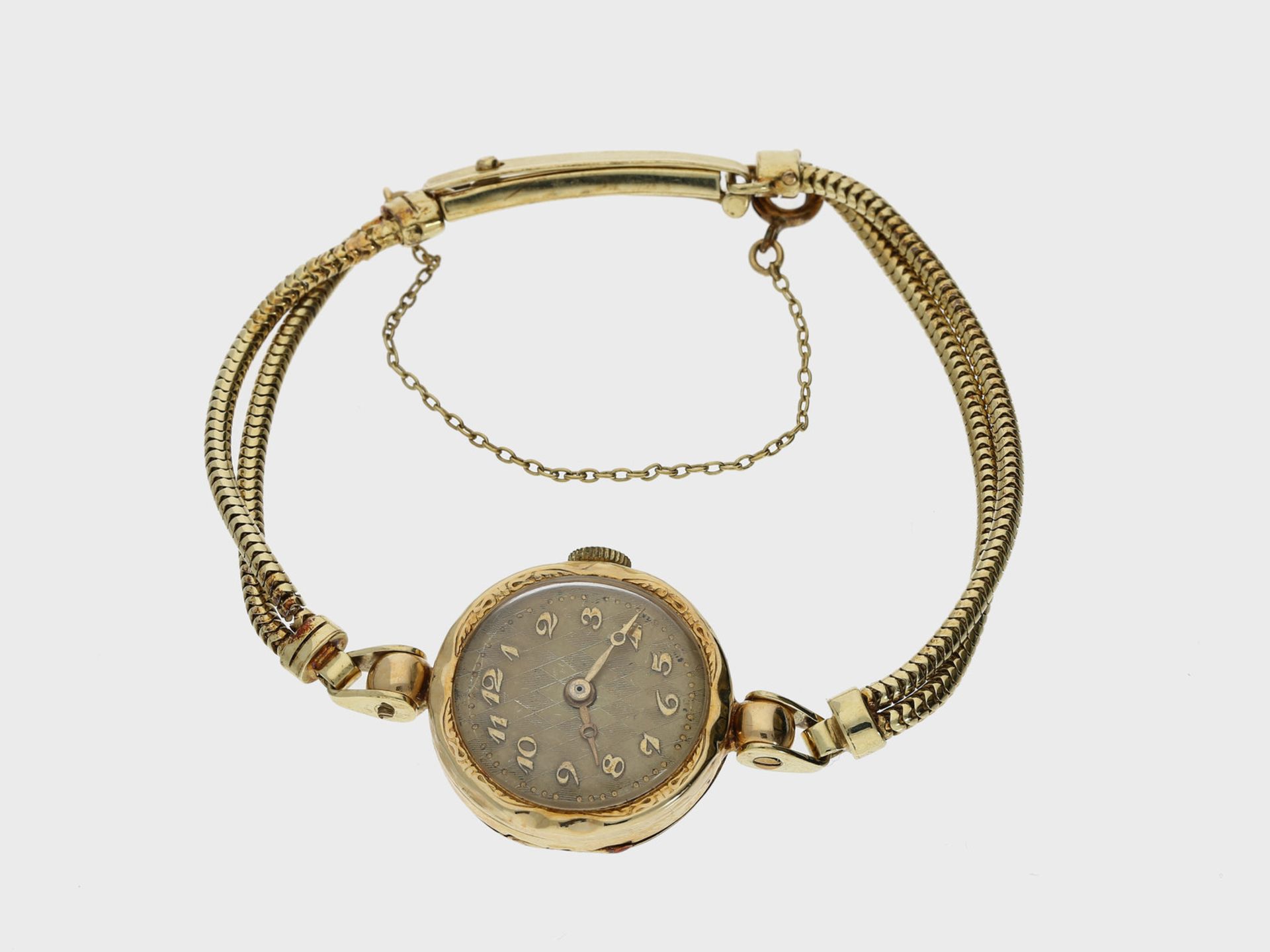 Armbanduhr: sehr frühe Damenarmbanduhr, um 1925, 14K Gold