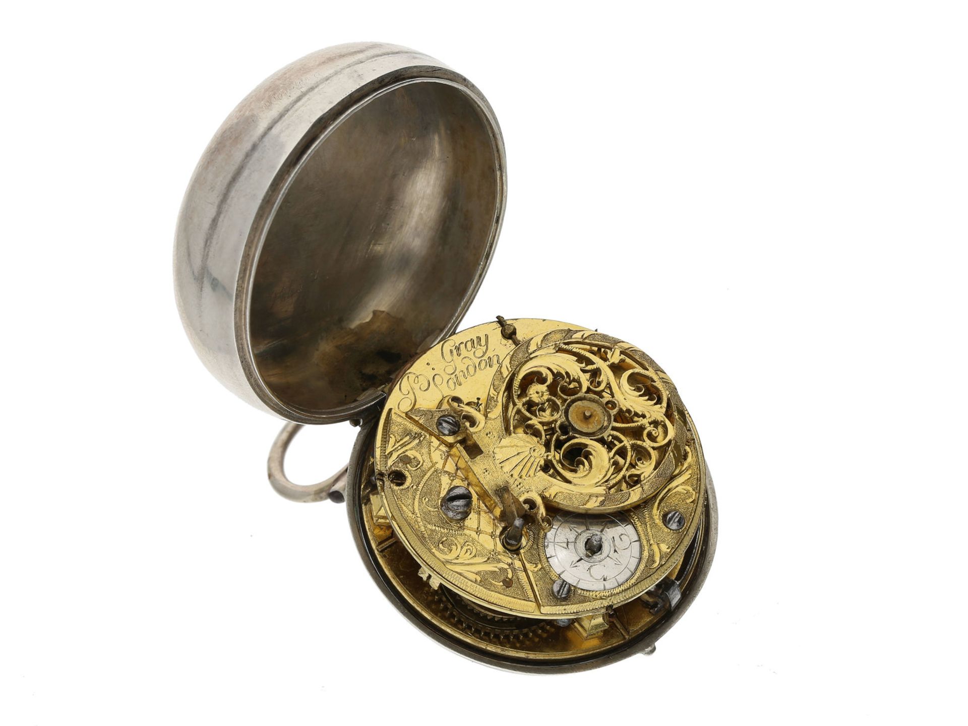 Taschenuhr: frühe englische silberne Doppelgehäuse-Spindeluhr, B. Gray, London, ca. 1770 - Bild 2 aus 2