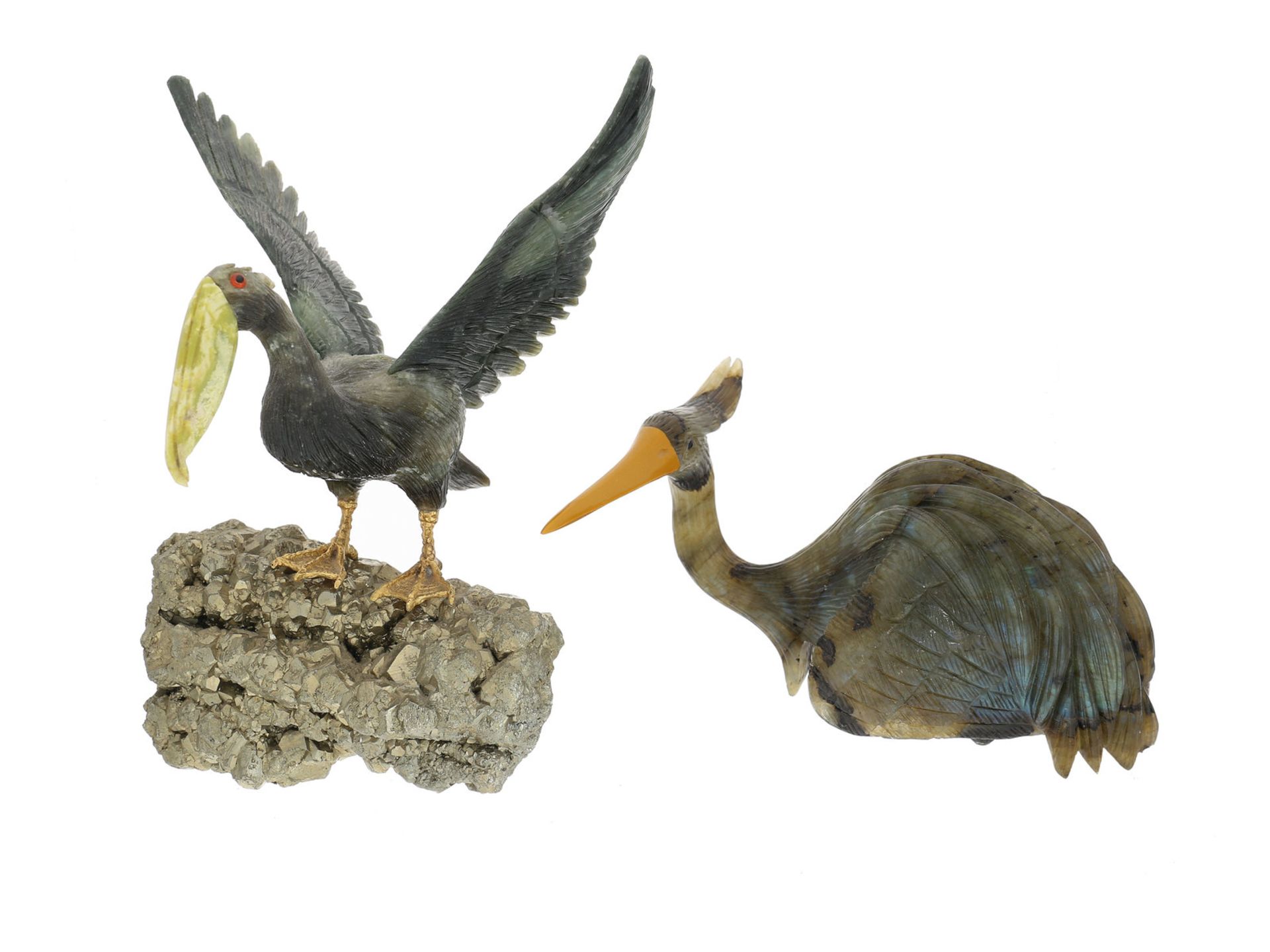 Figur/Schnitzerei: 2 geschnitzte Vogel-Skulpturen aus Labradorit und Pyrit, vermutlich aus dem Me
