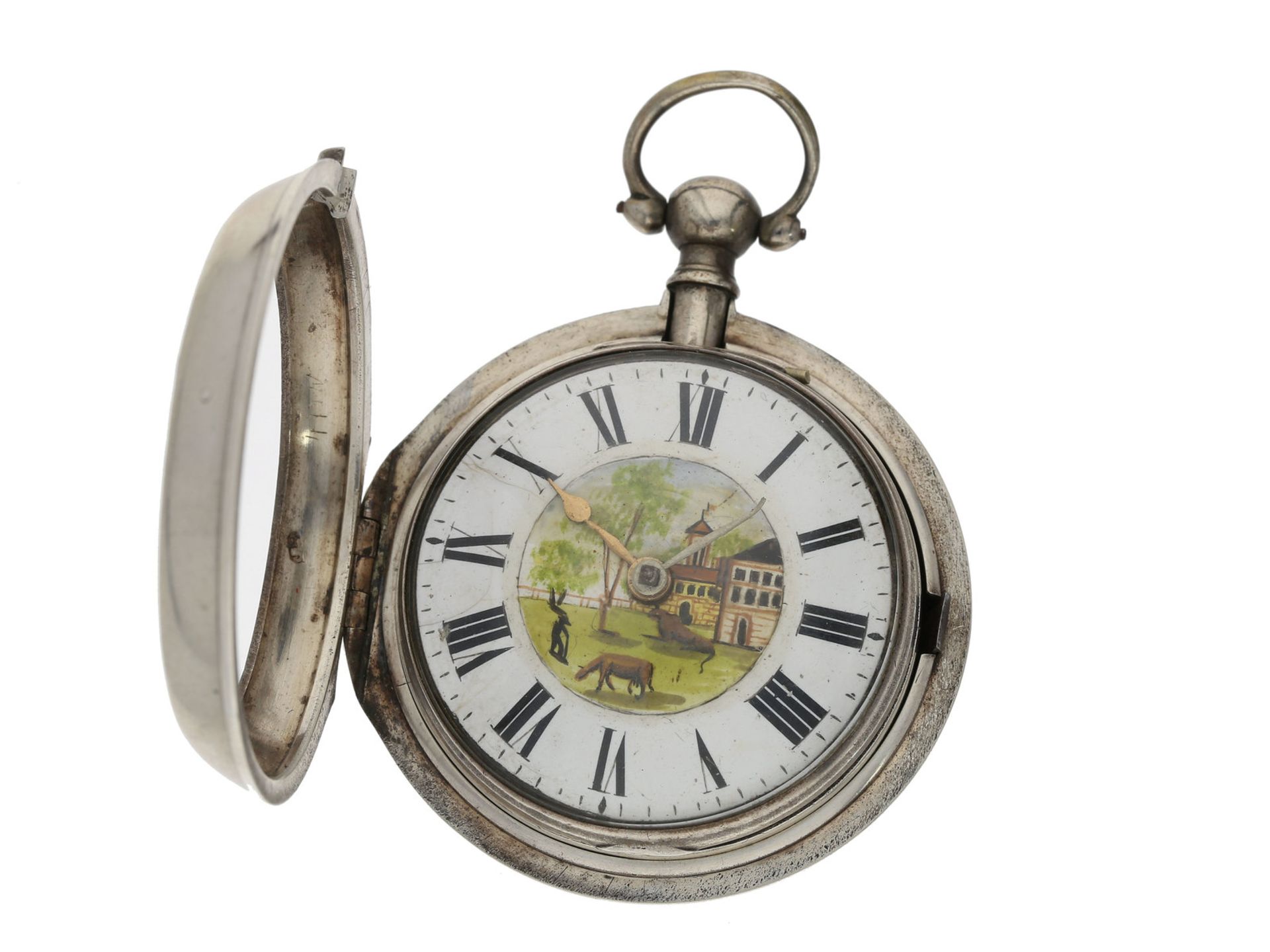 Taschenuhr: englische silberne Doppelgehäuse-Spindeluhr mit Emaillemalerei, bekannter Uhrmacher,