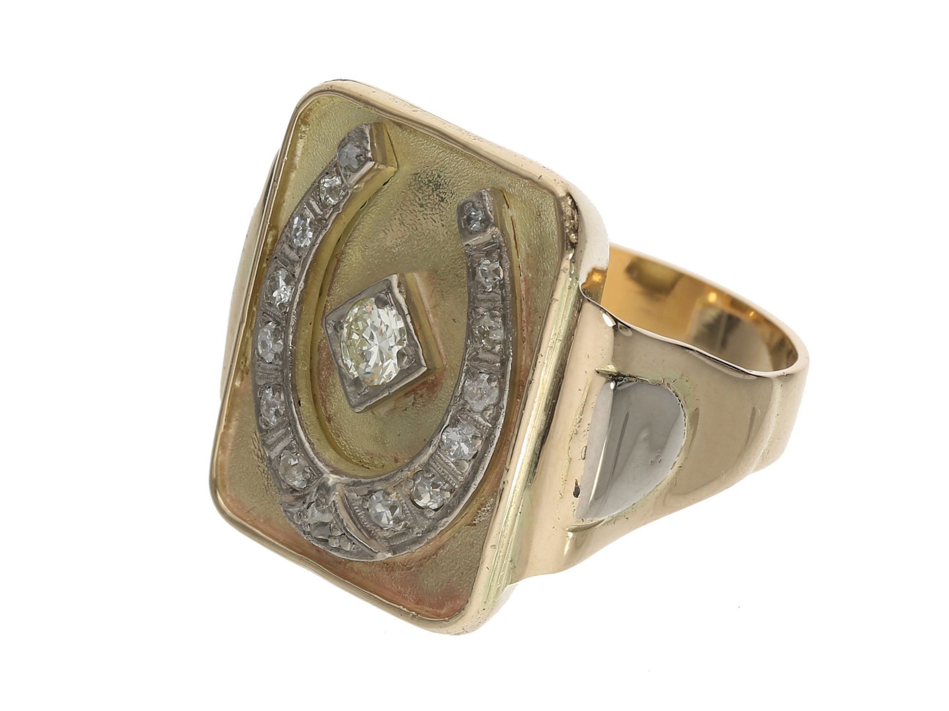 Ring: ungewöhnlich großer und breiter, unikater Goldschmiede-Siegelring mit Diamantbesatz, 14K - Bild 2 aus 2