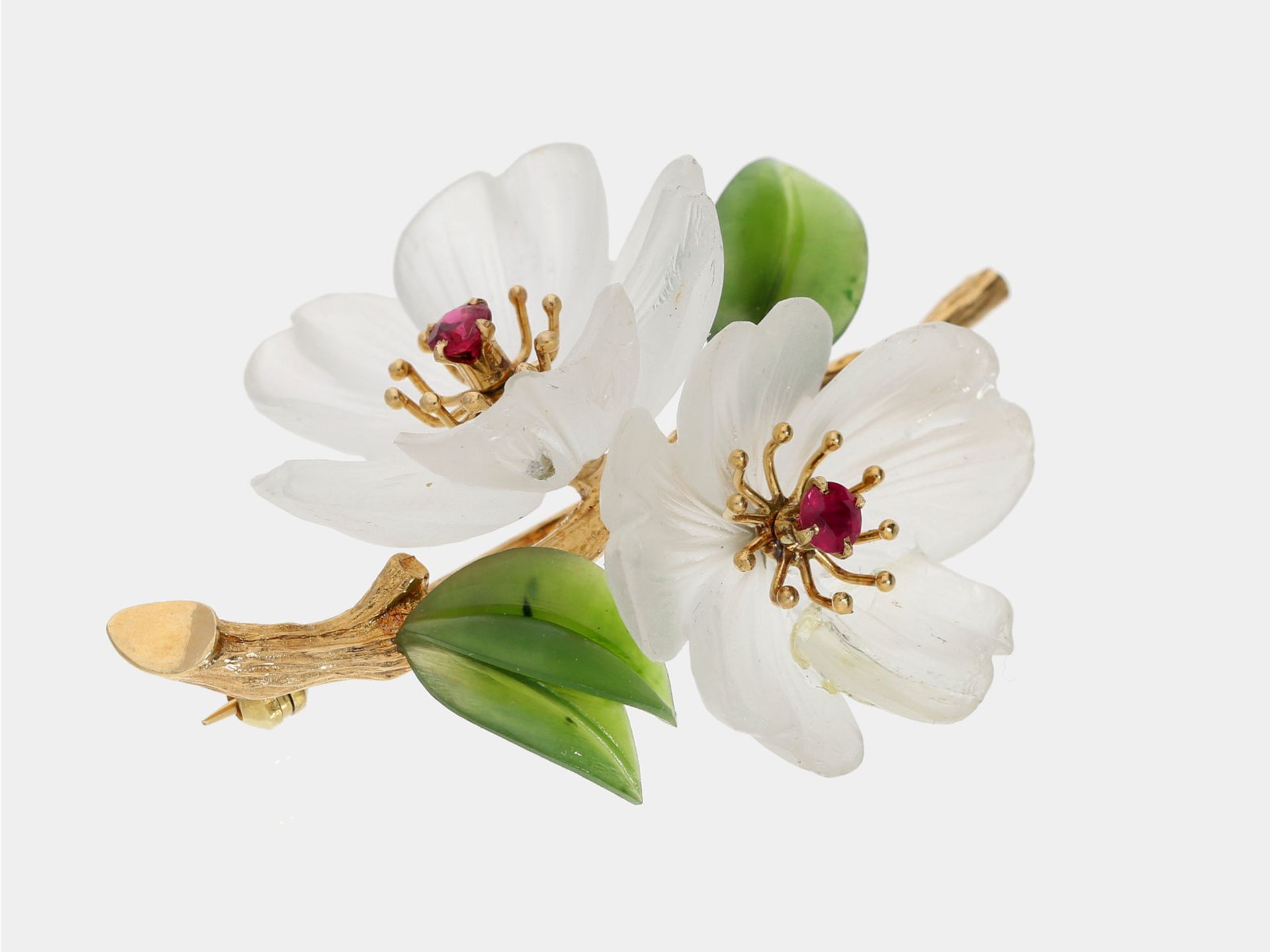Brosche/Nadel: dekorative vintage Blütenbrosche mit Rubin, Bergkristall und Nephrit, aufwändige