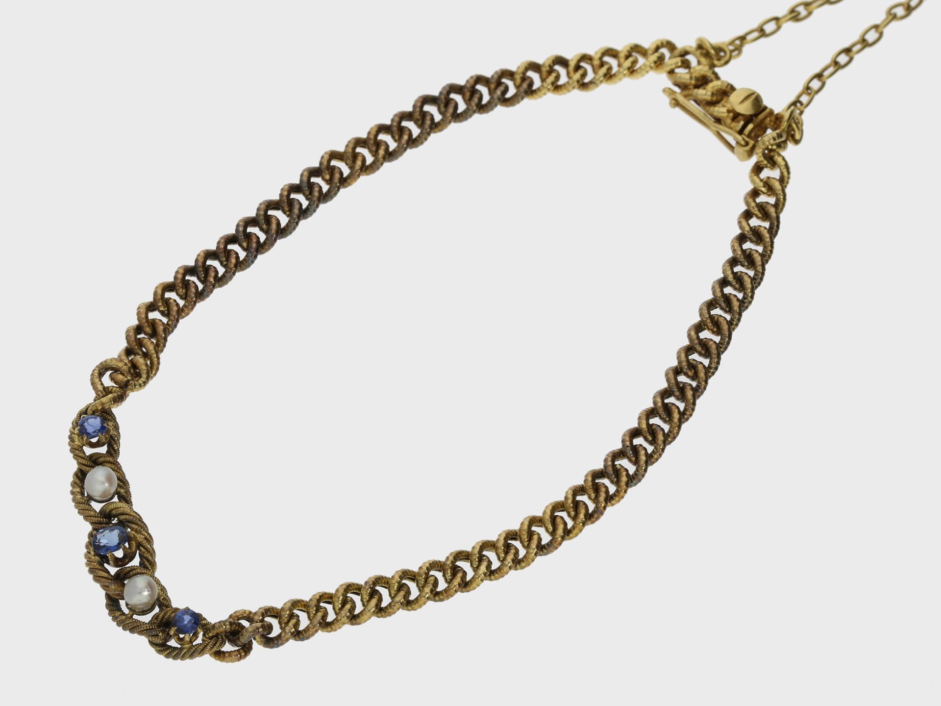 Kette/Collier: zierliches antikes Panzerband mit Stein- und Perlbesatz, 14K Gold