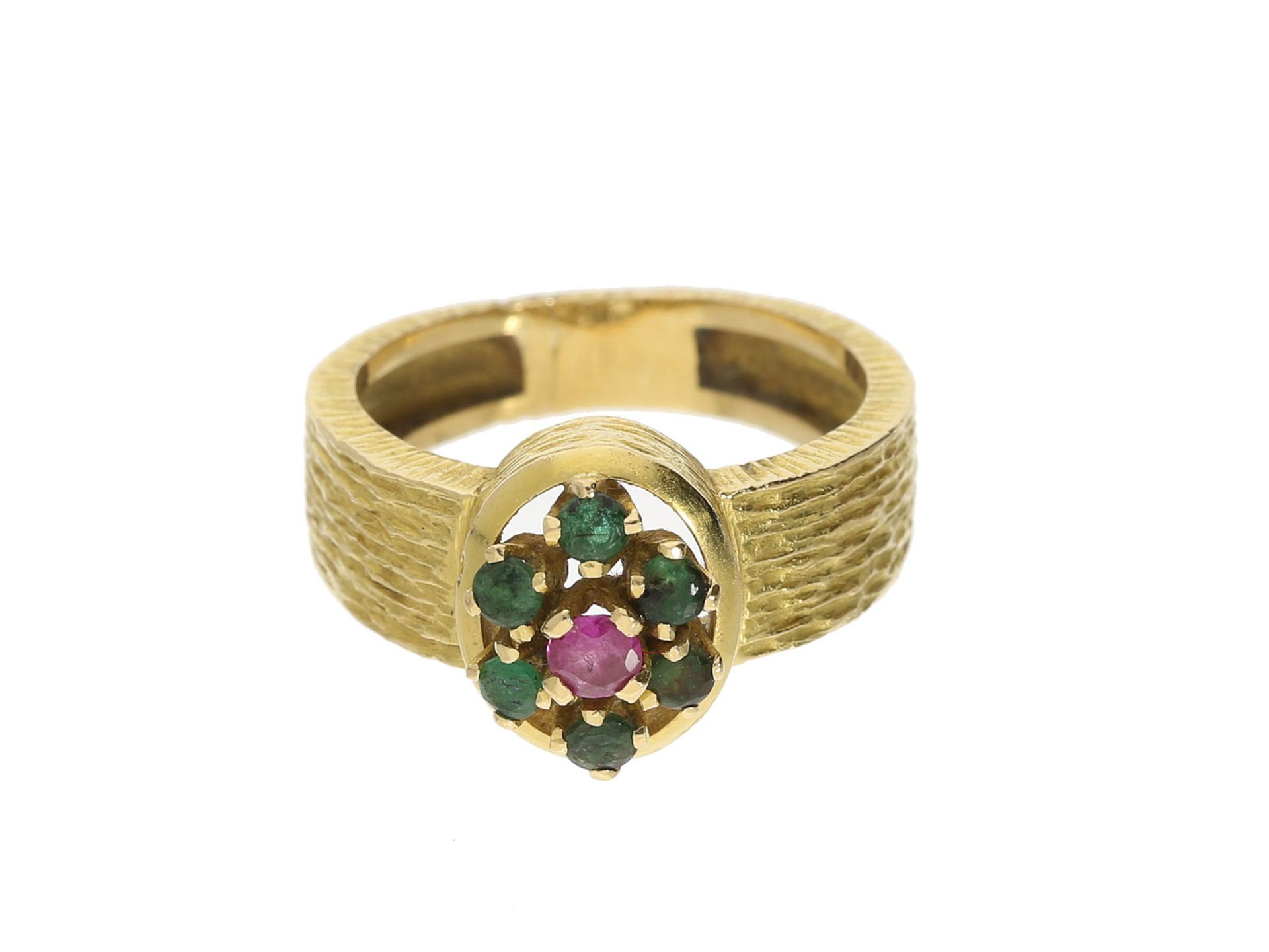 Ring: dekorativer vintage Ring mit Smaragden und Rubin, 18K Gold