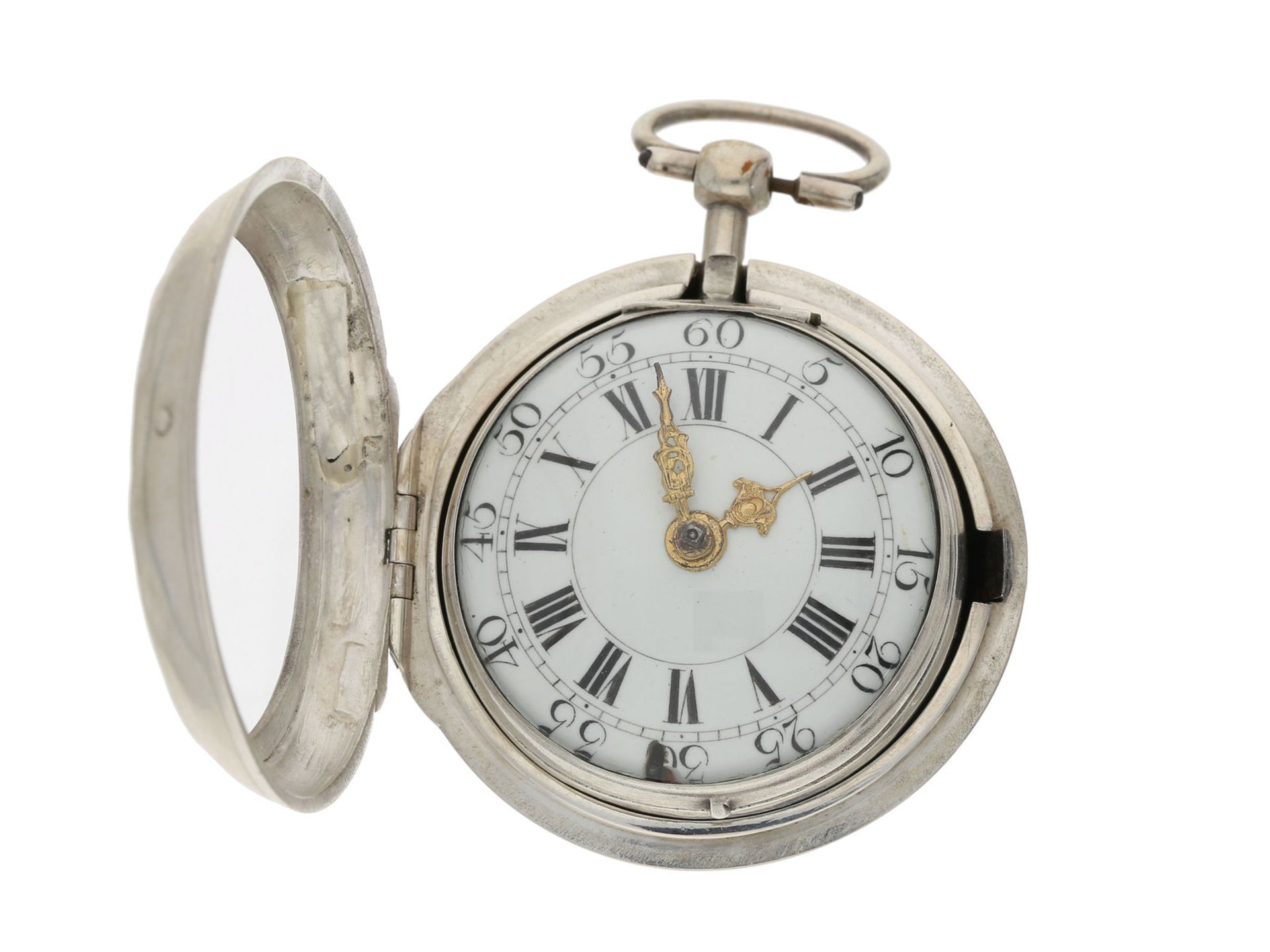 Taschenuhr: frühe englische silberne Doppelgehäuse-Spindeluhr, B. Gray, London, ca. 1770