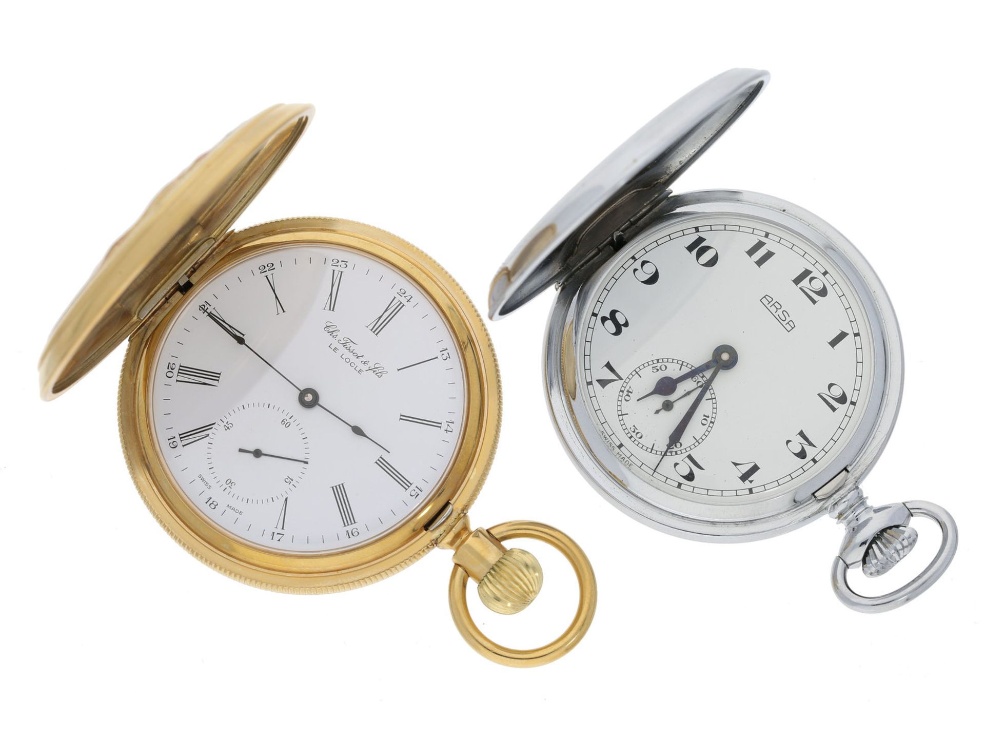 Taschenuhr: Konvolut von 2 vintage Taschenuhren, Tissot und Arsa, inkl. einer Uhrenkette