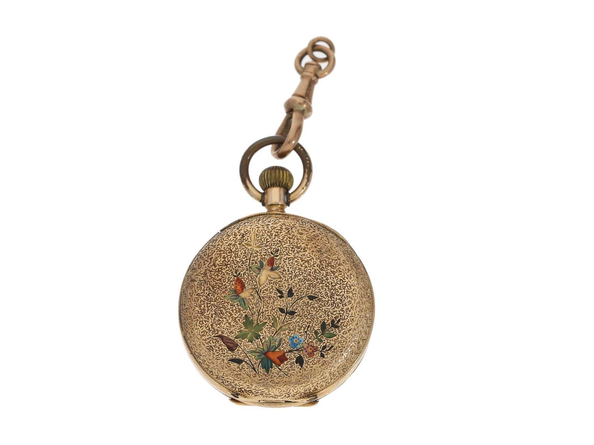 Taschenuhr: goldene Damenuhr mit Emailleeinlagen, 14K Gold, ca. 1880 - Bild 2 aus 3