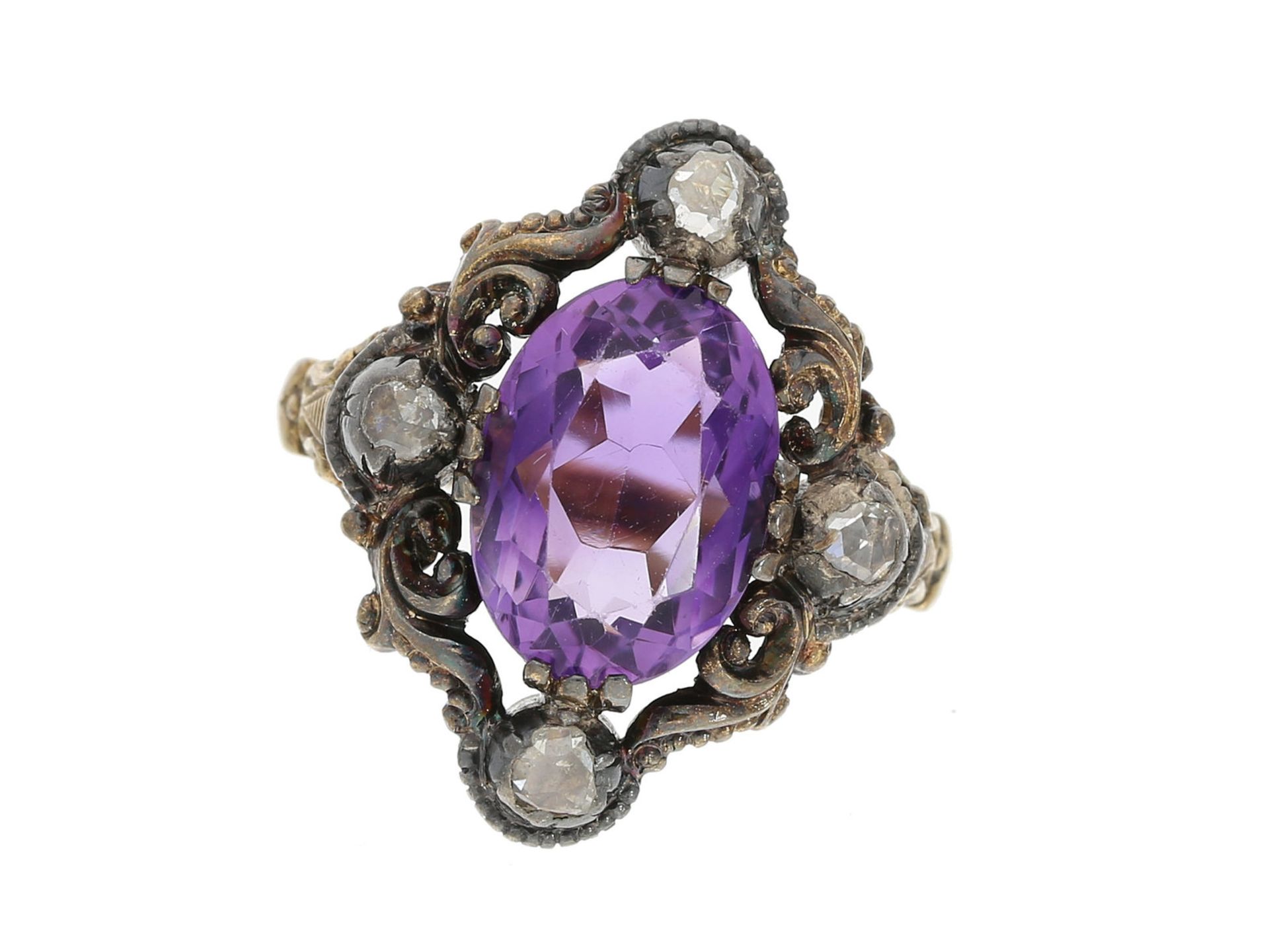 Ring: sehr schöner antiker Amethystring mit Diamantrosen, 14K Gold