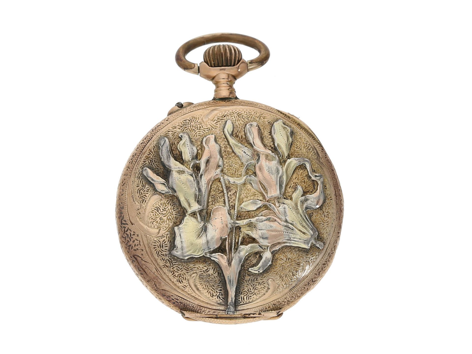 Taschenuhr: äußerst attraktive Jugendstil-Damenuhr mit Reliefgehäuse mit Lilienmotiv, 14K Gold - Bild 2 aus 3