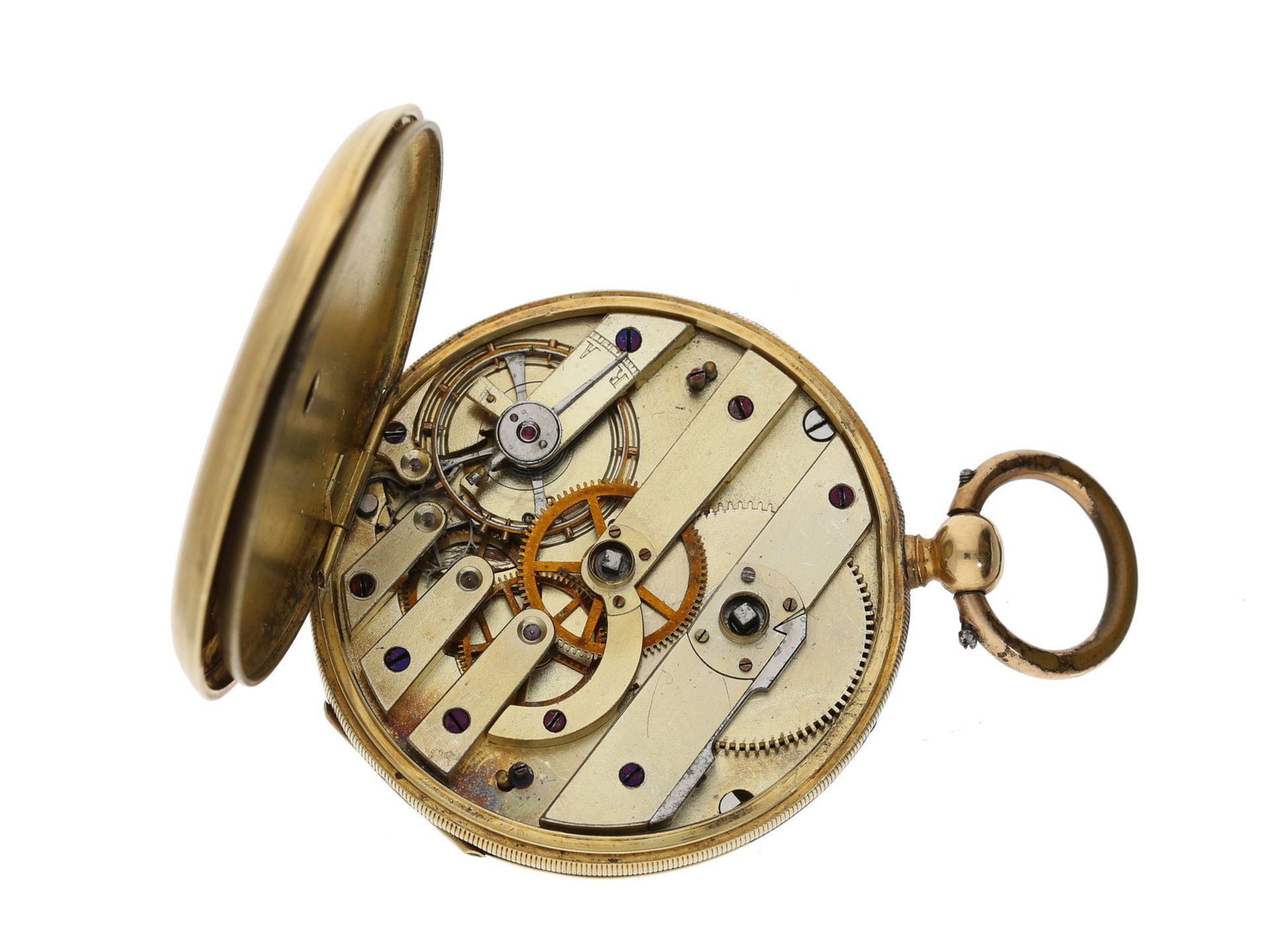 Taschenuhr: sehr schöne 18K Goldlepine mit graviertem Zifferblatt, maritimes Motiv, frühes Anke - Bild 3 aus 3