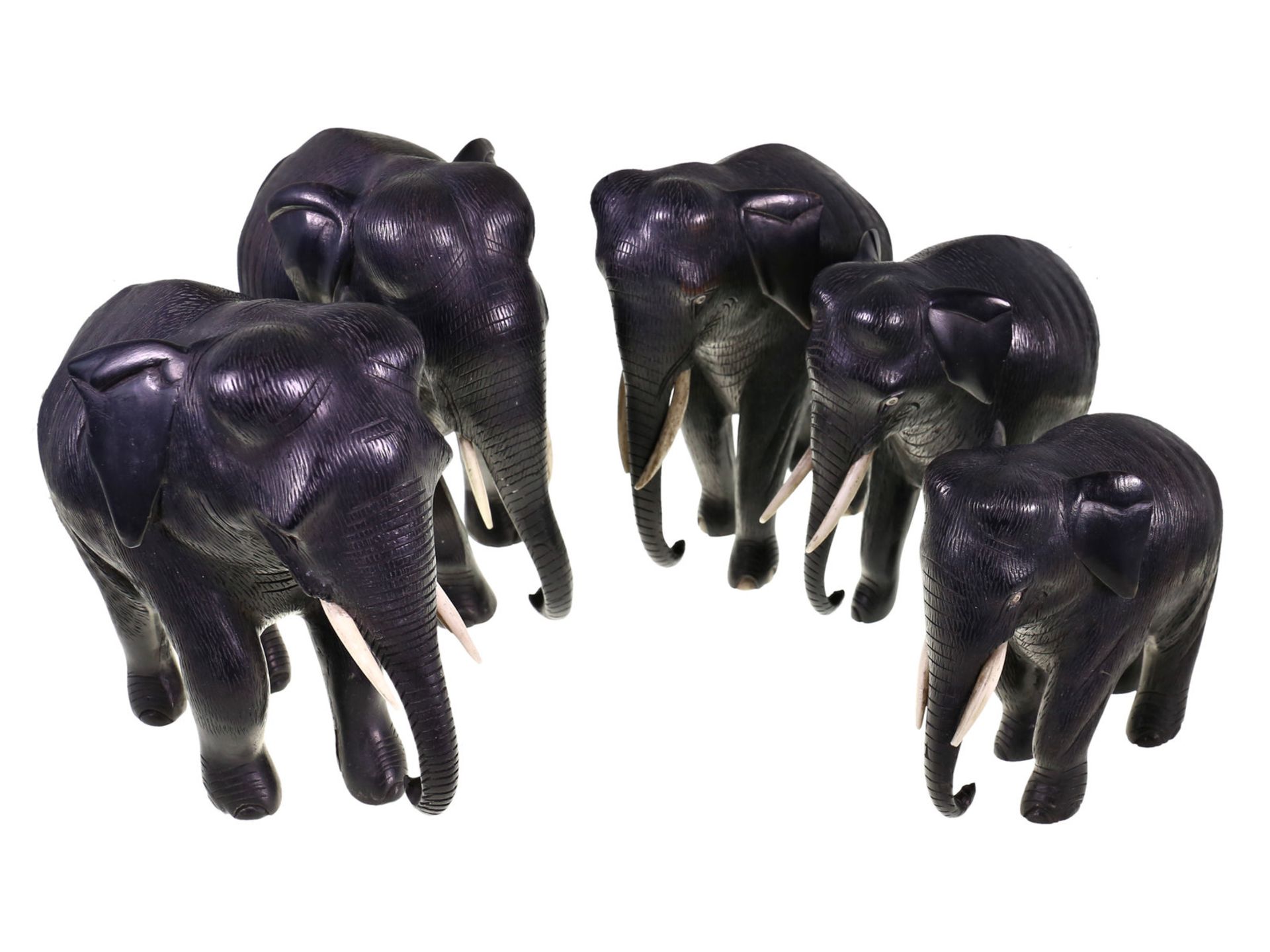 Figur: Ensemble aus 5 Elefanten aus Ebenholz, Kenia um 1930
