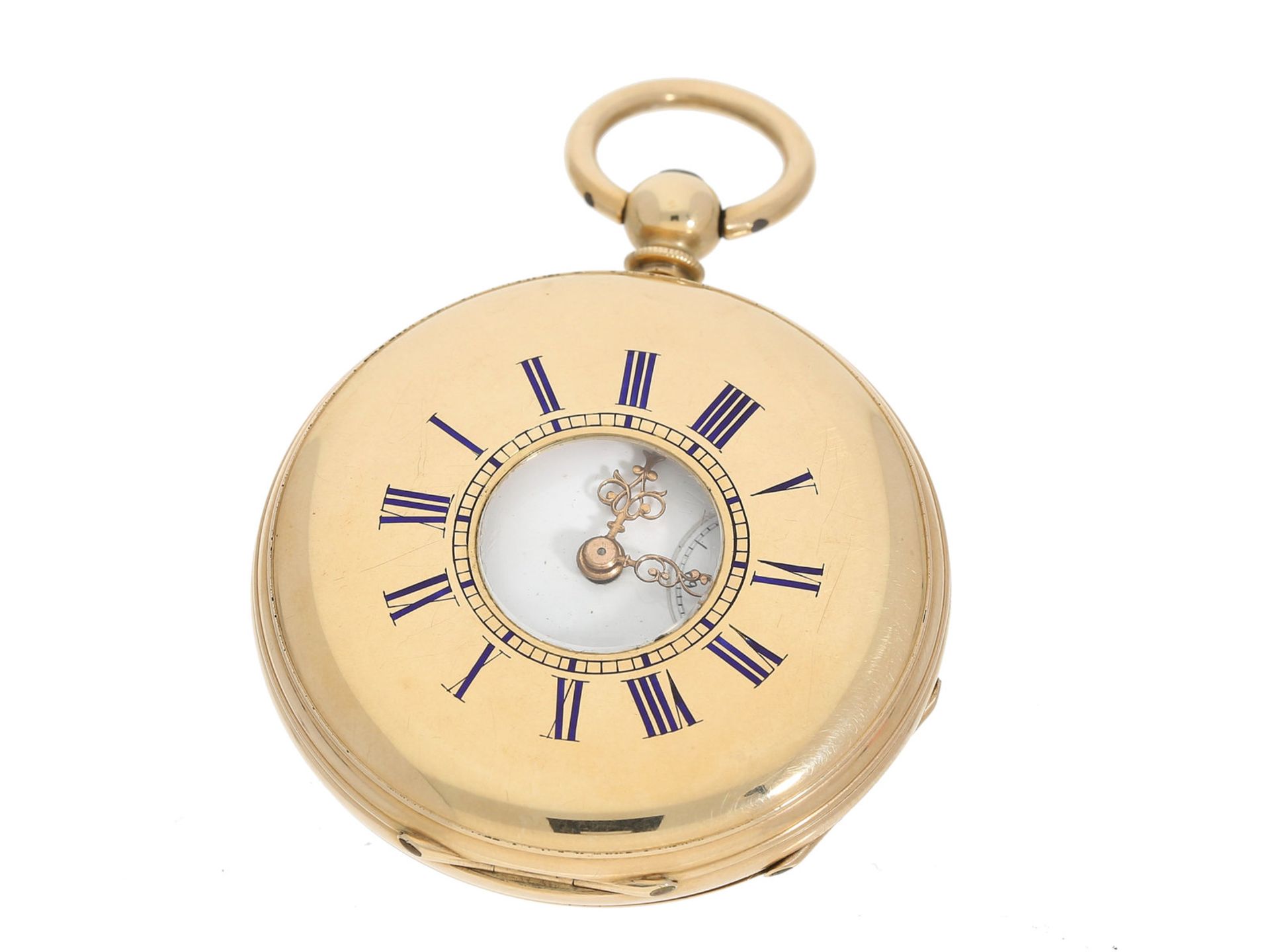 Taschenuhr: frühe goldene Halbsavonnette mit Schlüsselaufzug, ca. 1870