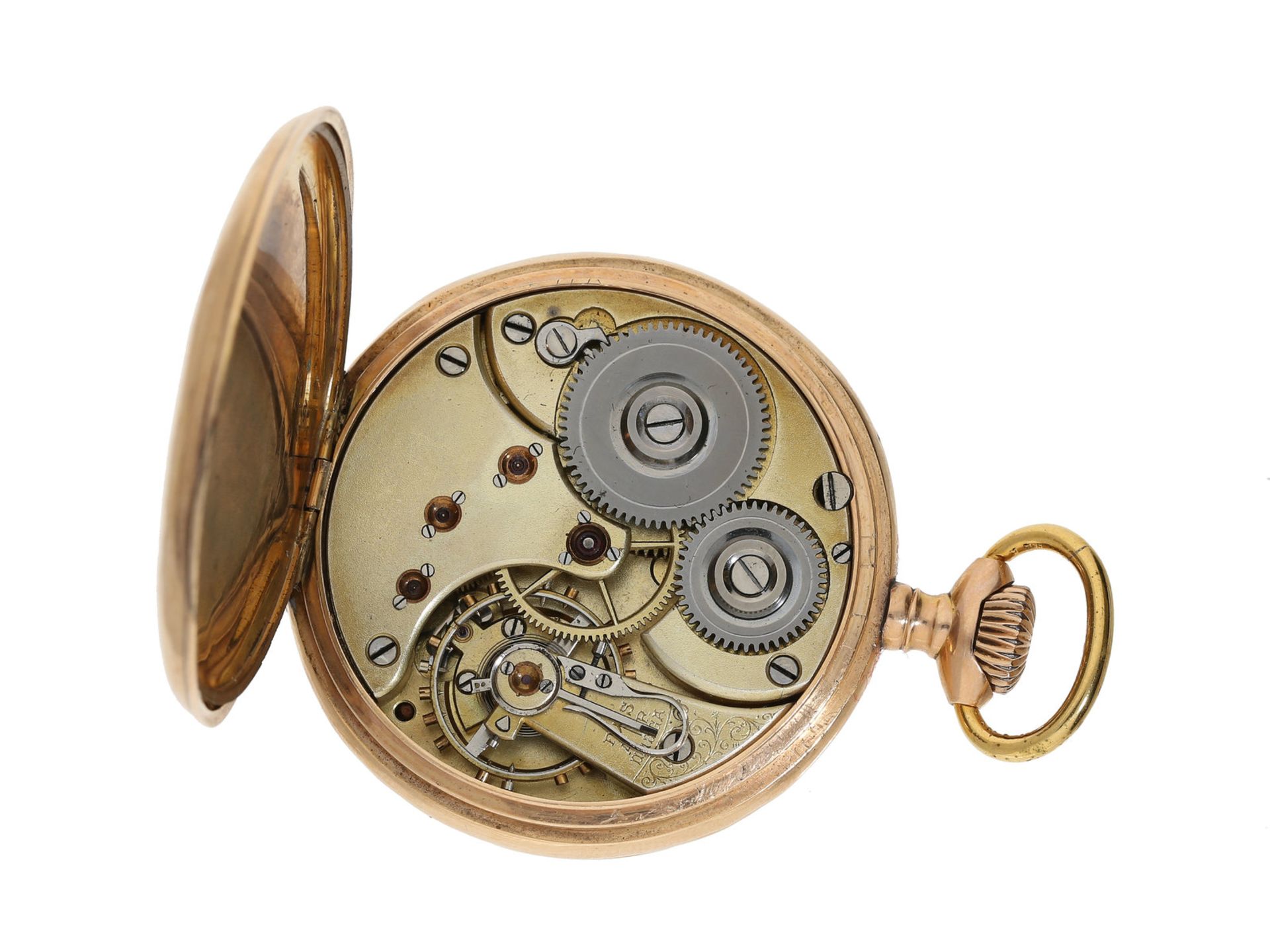 Taschenuhr: rotgoldene Herrenuhr von Omega, besondere Werksqualität, Präzisionskaliber No.16239 - Bild 2 aus 2