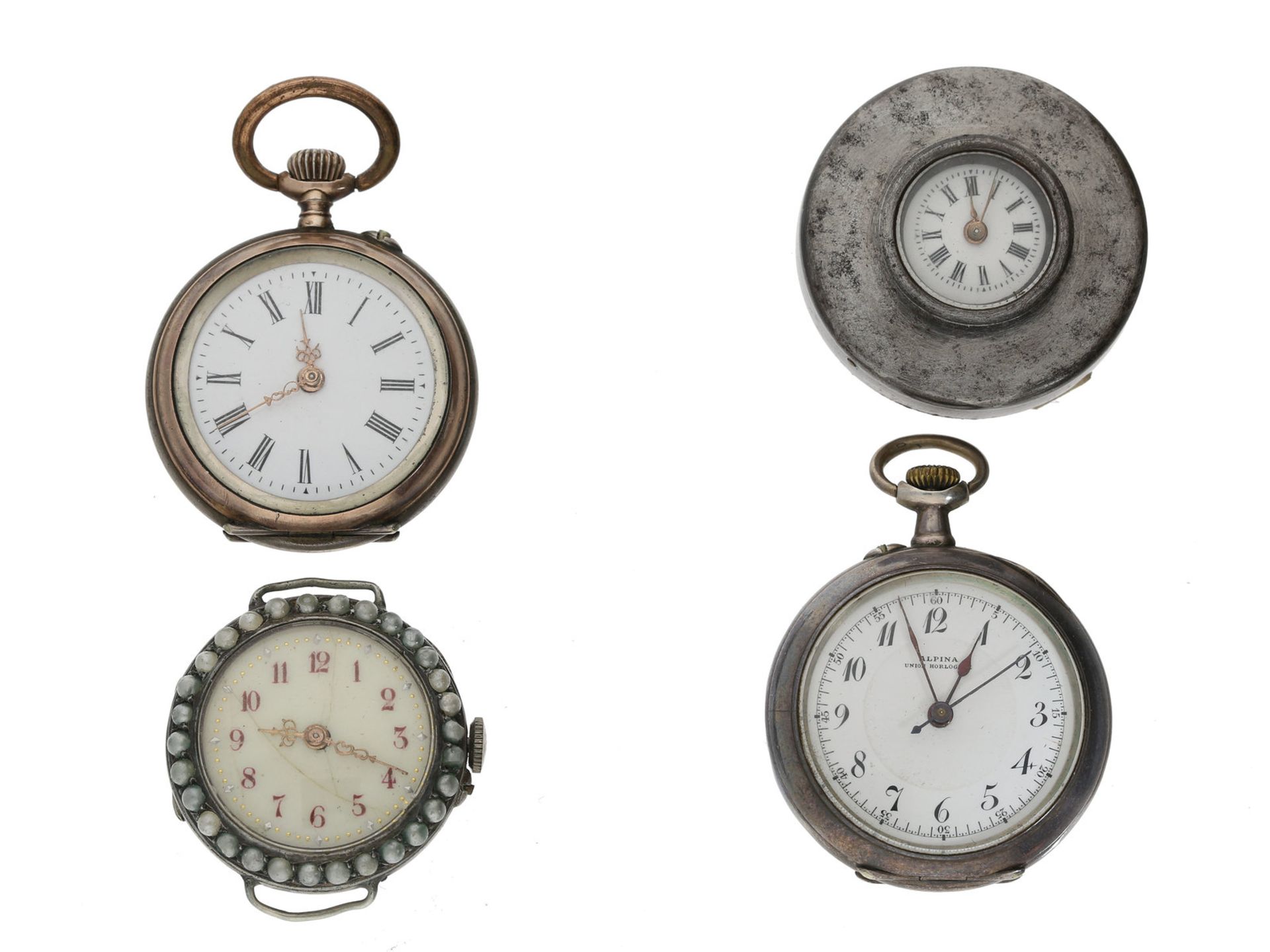 Taschenuhr: Konvolut von 4 interessanten Damenuhren, um 1900, dabei eine Knopflochuhr und eine em