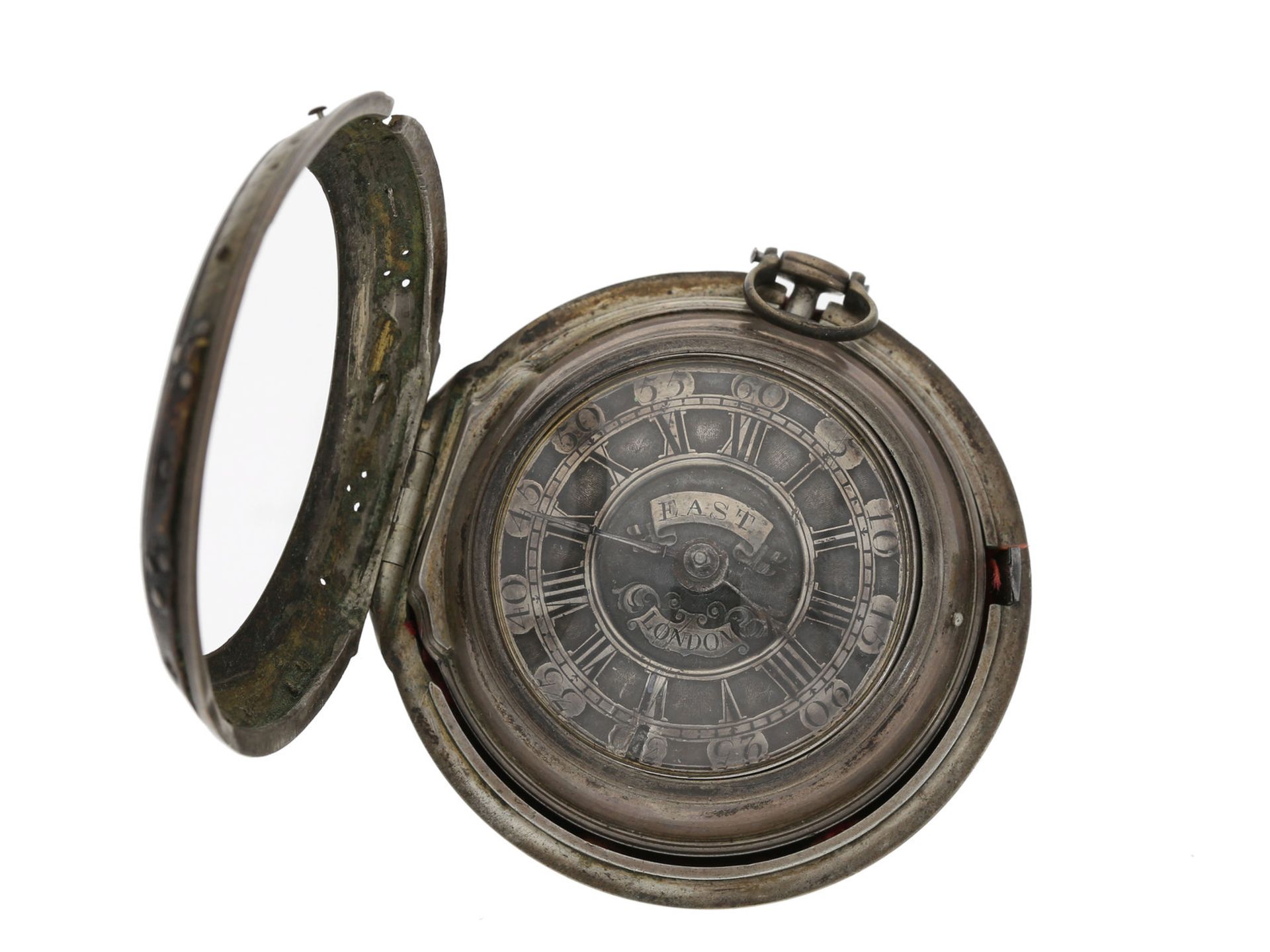 Taschenuhr: frühe englische Spindeluhr mit Dreifachgehäuse, Edward East London No.3966, ca.1730