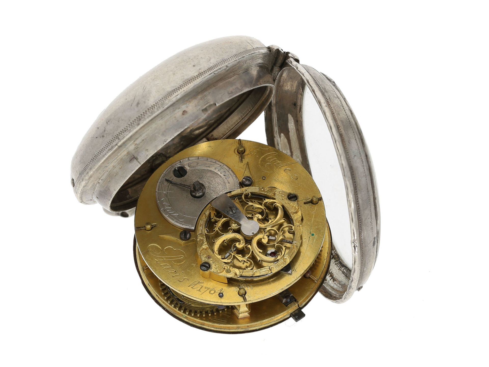 Taschenuhr: interessante Taschenuhr mit früher Zylinderhemmung, Louis XV, Silber, F. Carle Paris - Bild 2 aus 2