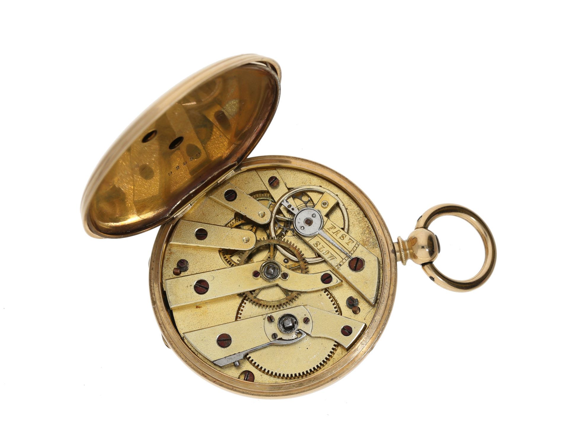 Taschenuhr: frühe goldene Halbsavonnette mit Schlüsselaufzug, ca. 1870 - Bild 3 aus 3