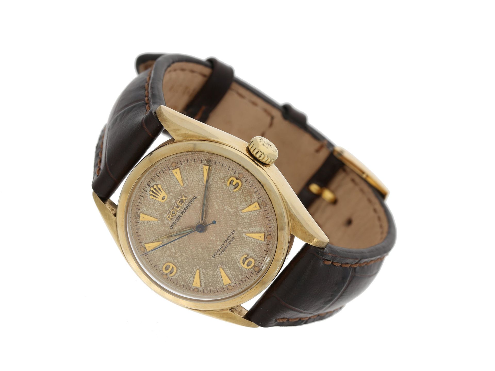 Armbanduhr: interessantes Rolex Bubble Back Chronometer REF. 6084 in 14K Gold und Tropical Honeyc