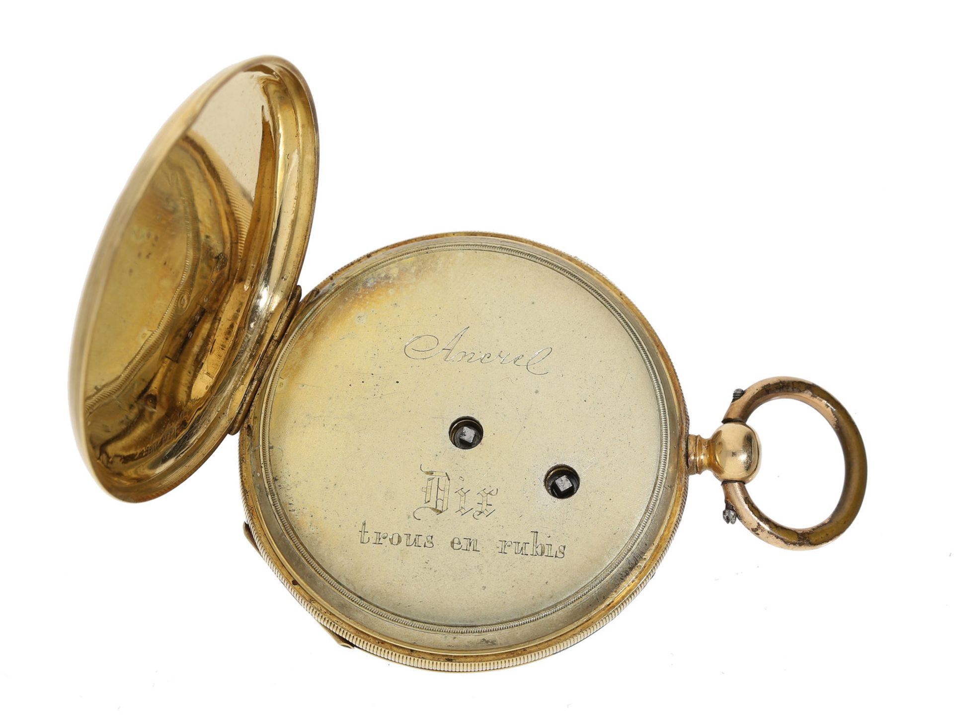Taschenuhr: sehr schöne 18K Goldlepine mit graviertem Zifferblatt, maritimes Motiv, frühes Anke - Bild 2 aus 3